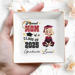 Proud Mom Of A Class Of 2025 Graduate, Graduation Cap and Stars - Personalized Custom Jewelry Dish, Square Ceramic Dish - GRAD014_SCRD