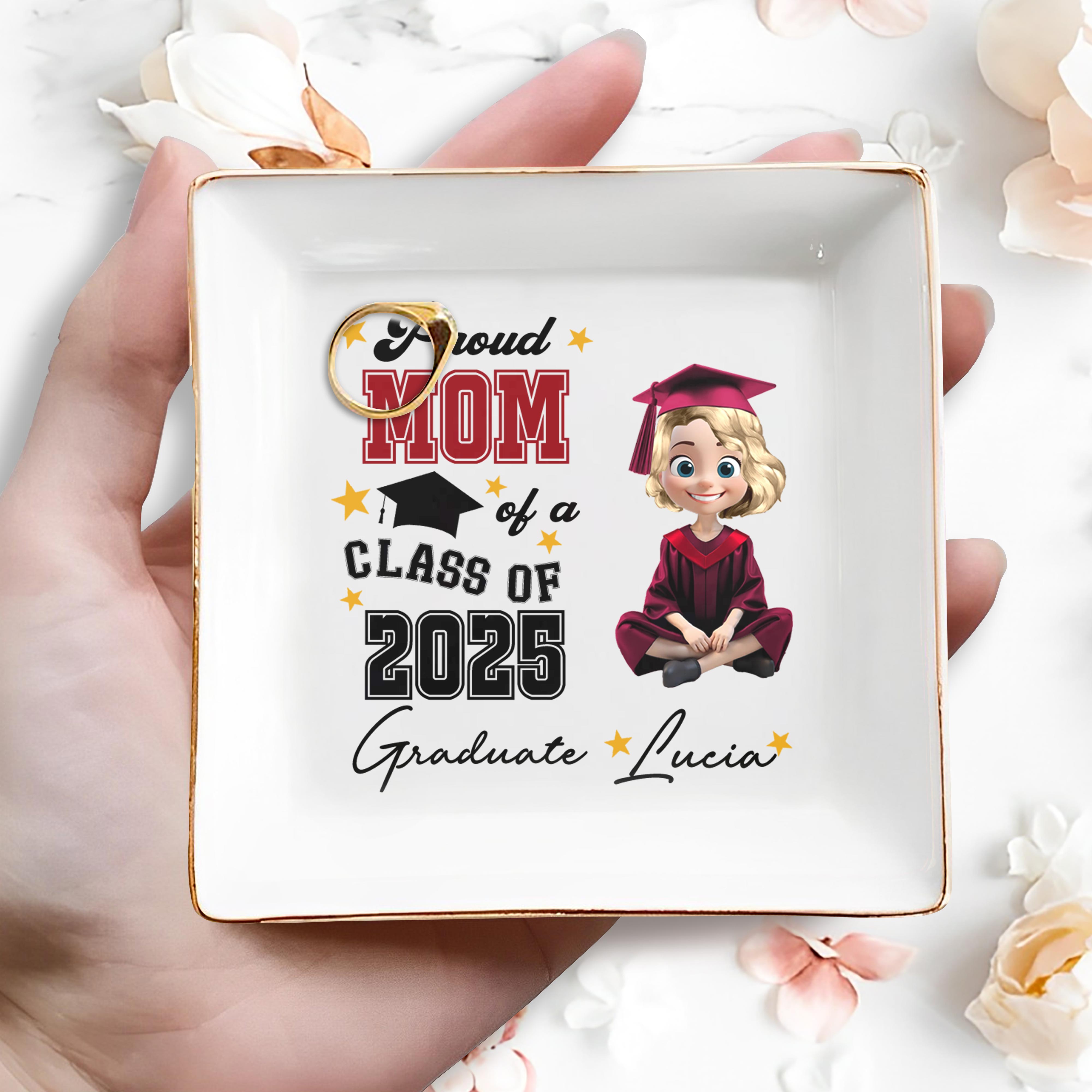 Proud Mom Of A Class Of 2025 Graduate, Graduation Cap and Stars - Personalized Custom Jewelry Dish, Square Ceramic Dish - GRAD014_SCRD