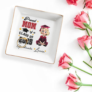 Proud Mom Of A Class Of 2025 Graduate, Graduation Cap and Stars - Personalized Custom Jewelry Dish, Square Ceramic Dish - GRAD014_SCRD
