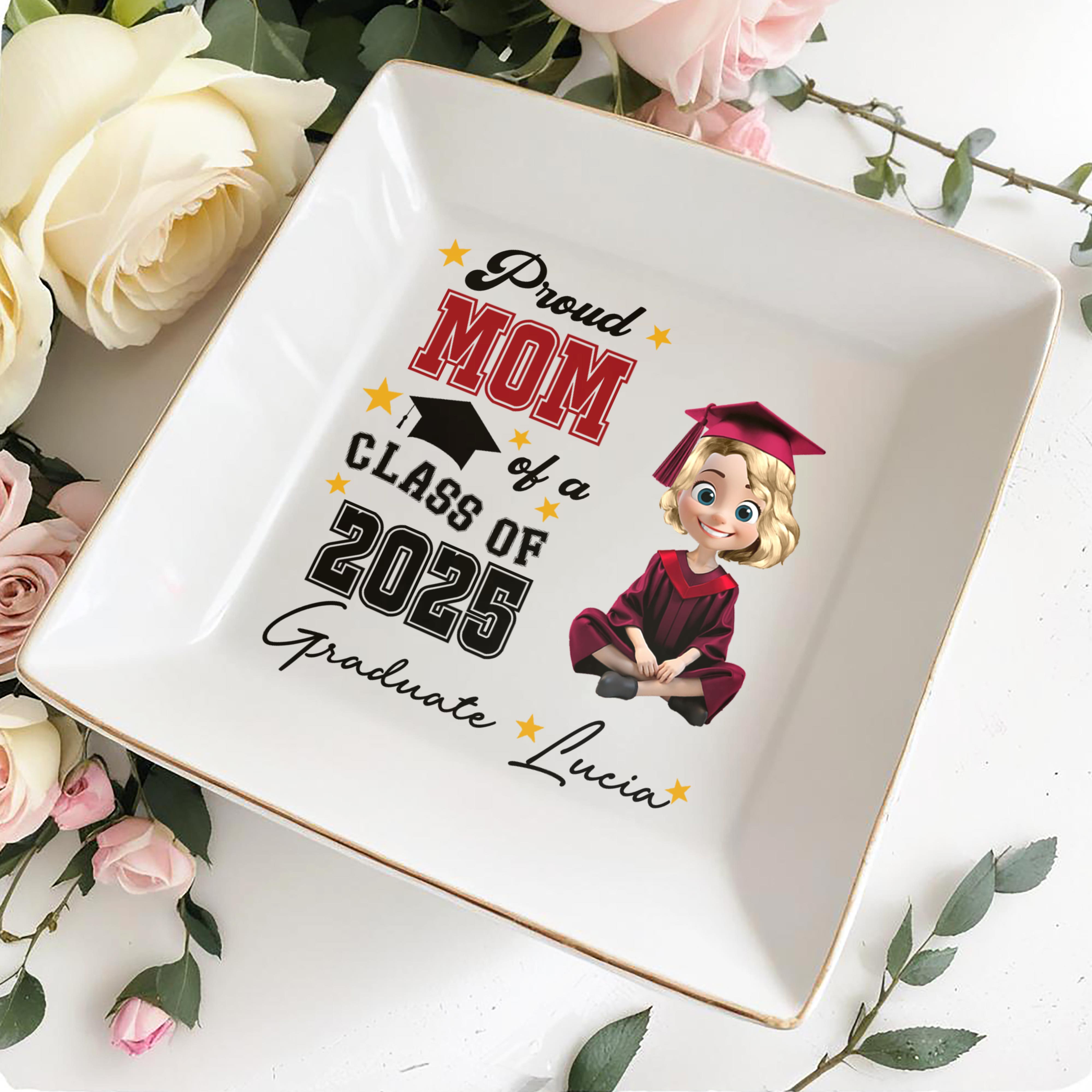 Proud Mom Of A Class Of 2025 Graduate, Graduation Cap and Stars - Personalized Custom Jewelry Dish, Square Ceramic Dish - GRAD014_SCRD