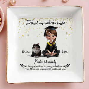 The Tassel Was Worth The Hassle, Graduation Cap And Cartoon Girl - Personalized Custom Jewelry Dish, Square Ceramic Dish - GRAD019_SCRD