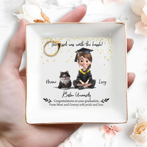 The Tassel Was Worth The Hassle, Graduation Cap And Cartoon Girl - Personalized Custom Jewelry Dish, Square Ceramic Dish - GRAD019_SCRD