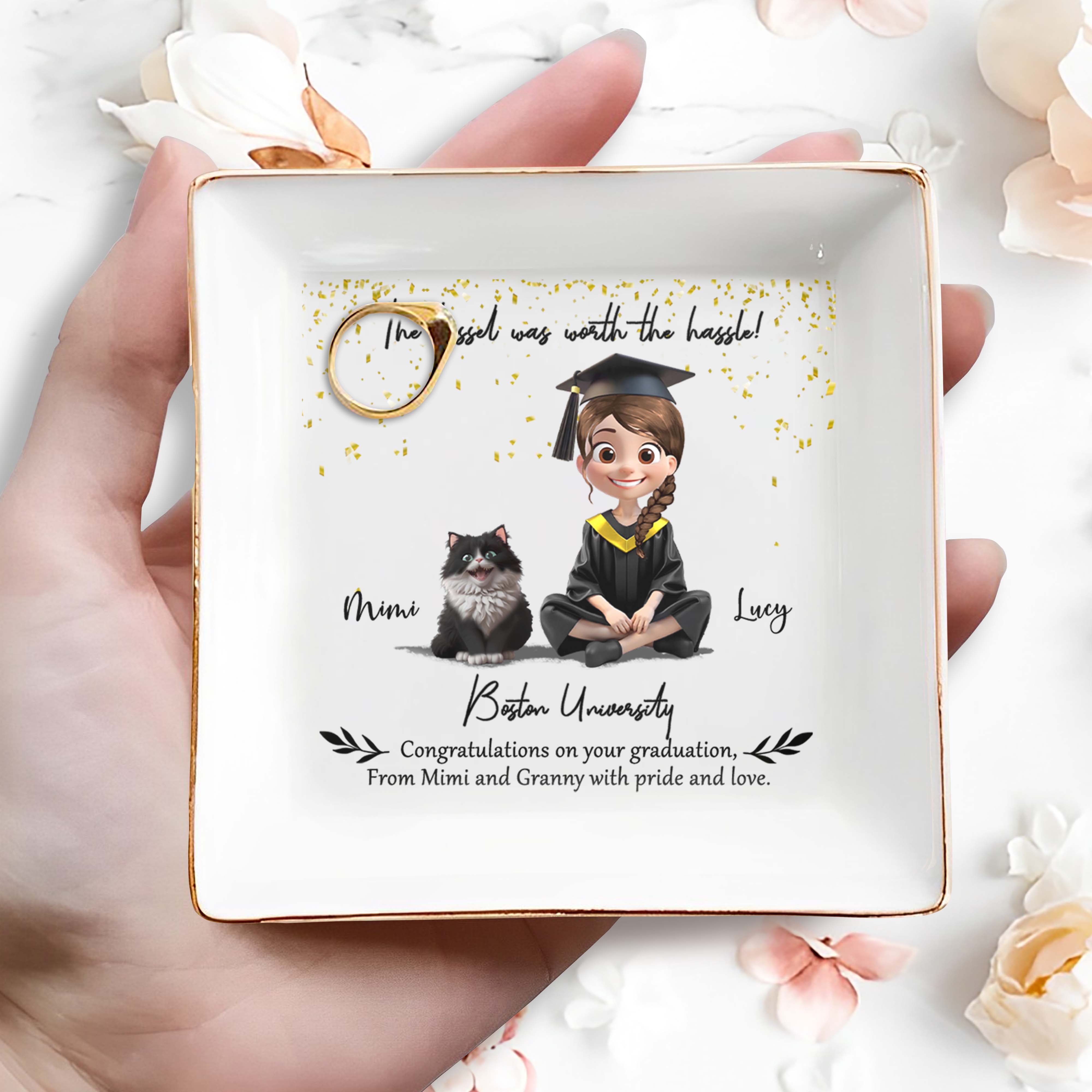 The Tassel Was Worth The Hassle, Graduation Cap And Cartoon Girl - Personalized Custom Jewelry Dish, Square Ceramic Dish - GRAD019_SCRD