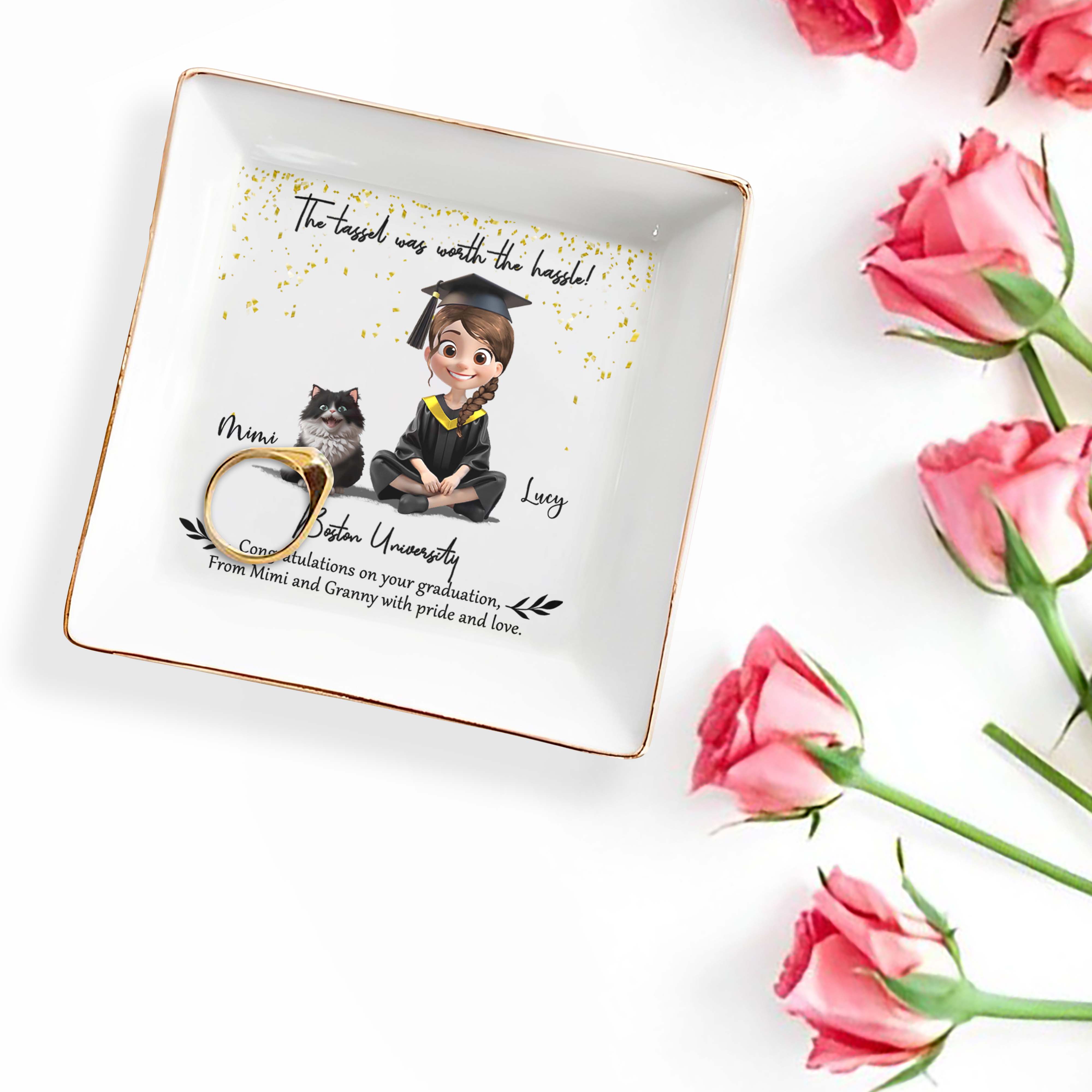 The Tassel Was Worth The Hassle, Graduation Cap And Cartoon Girl - Personalized Custom Jewelry Dish, Square Ceramic Dish - GRAD019_SCRD