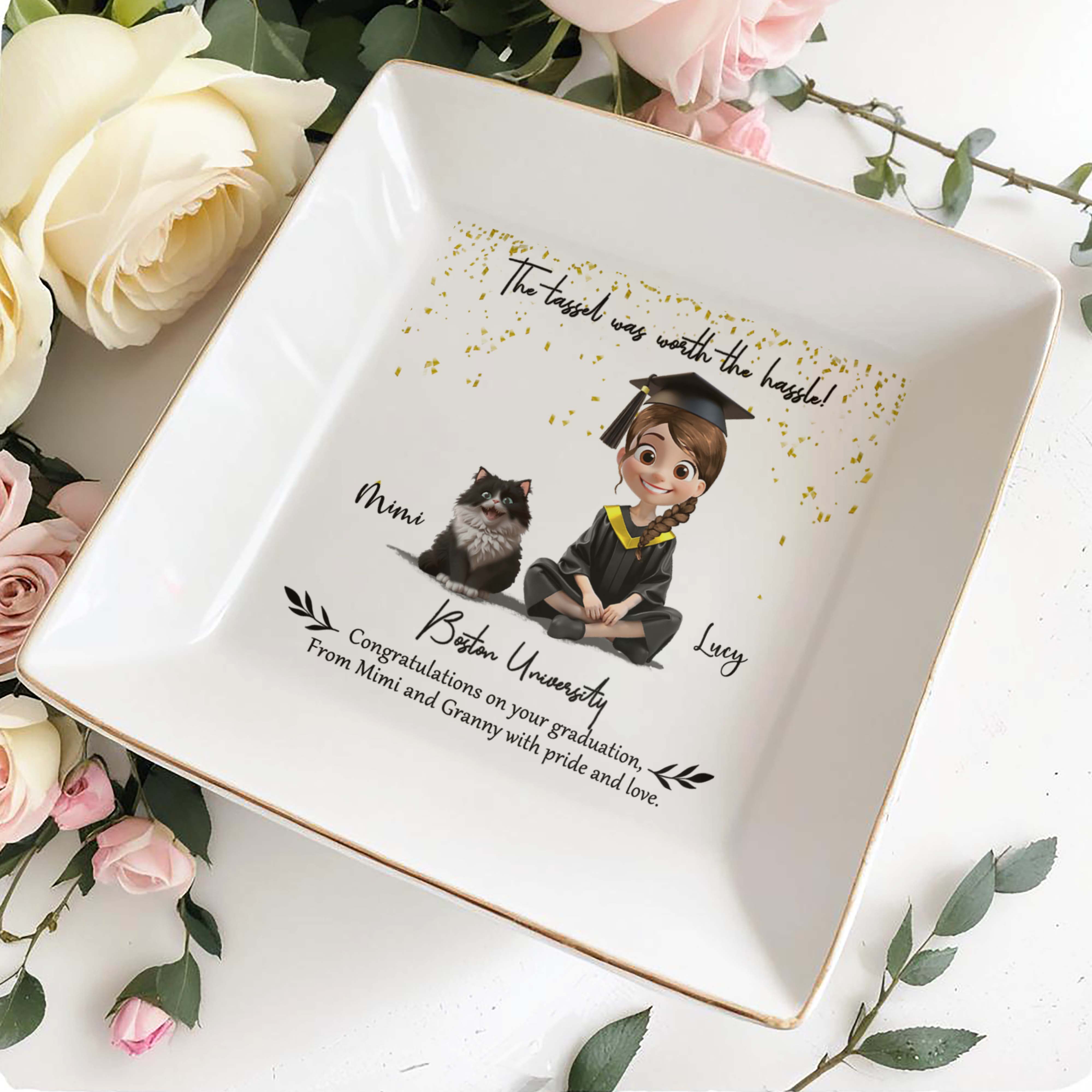 The Tassel Was Worth The Hassle, Graduation Cap And Cartoon Girl - Personalized Custom Jewelry Dish, Square Ceramic Dish - GRAD019_SCRD
