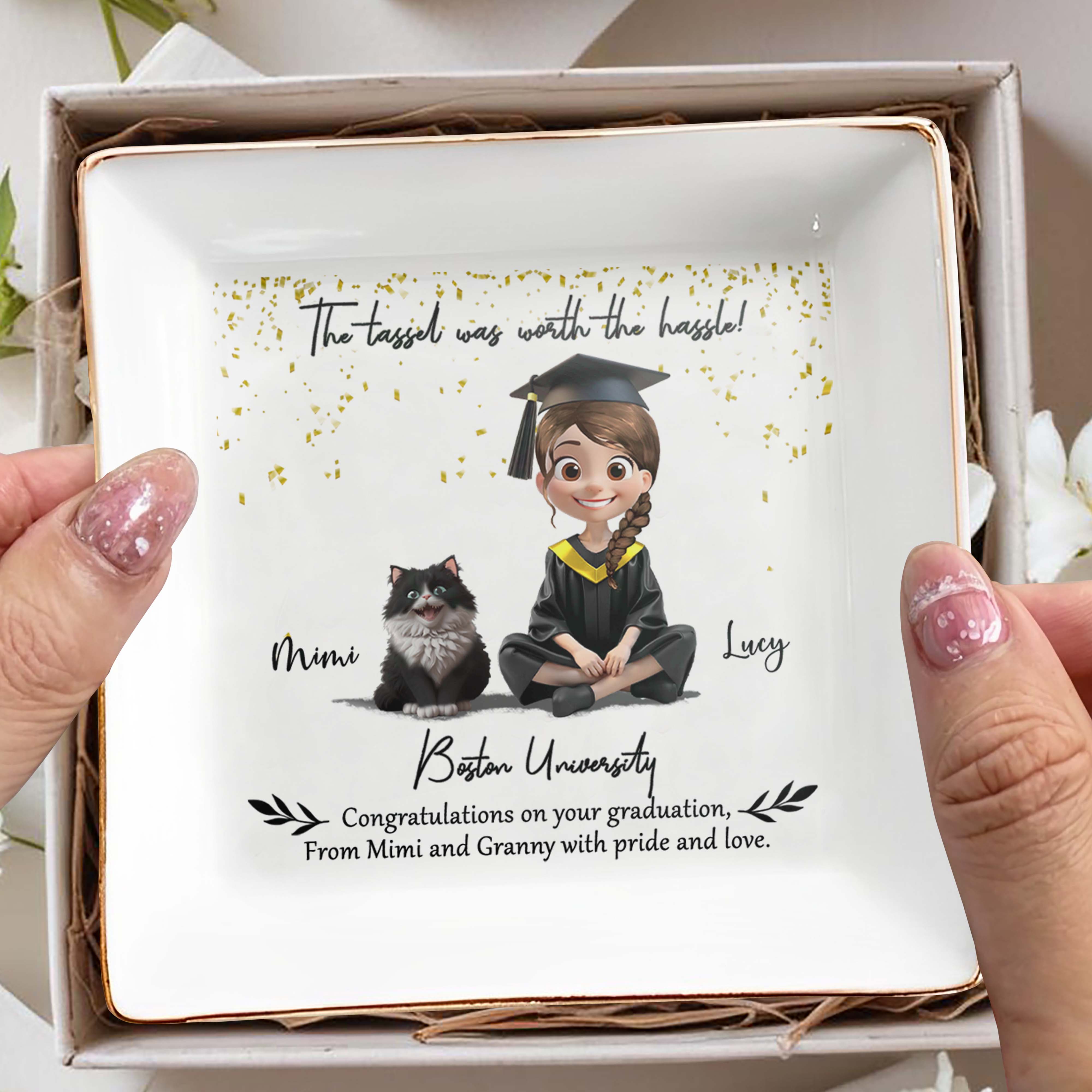 The Tassel Was Worth The Hassle, Graduation Cap And Cartoon Girl - Personalized Custom Jewelry Dish, Square Ceramic Dish - GRAD019_SCRD