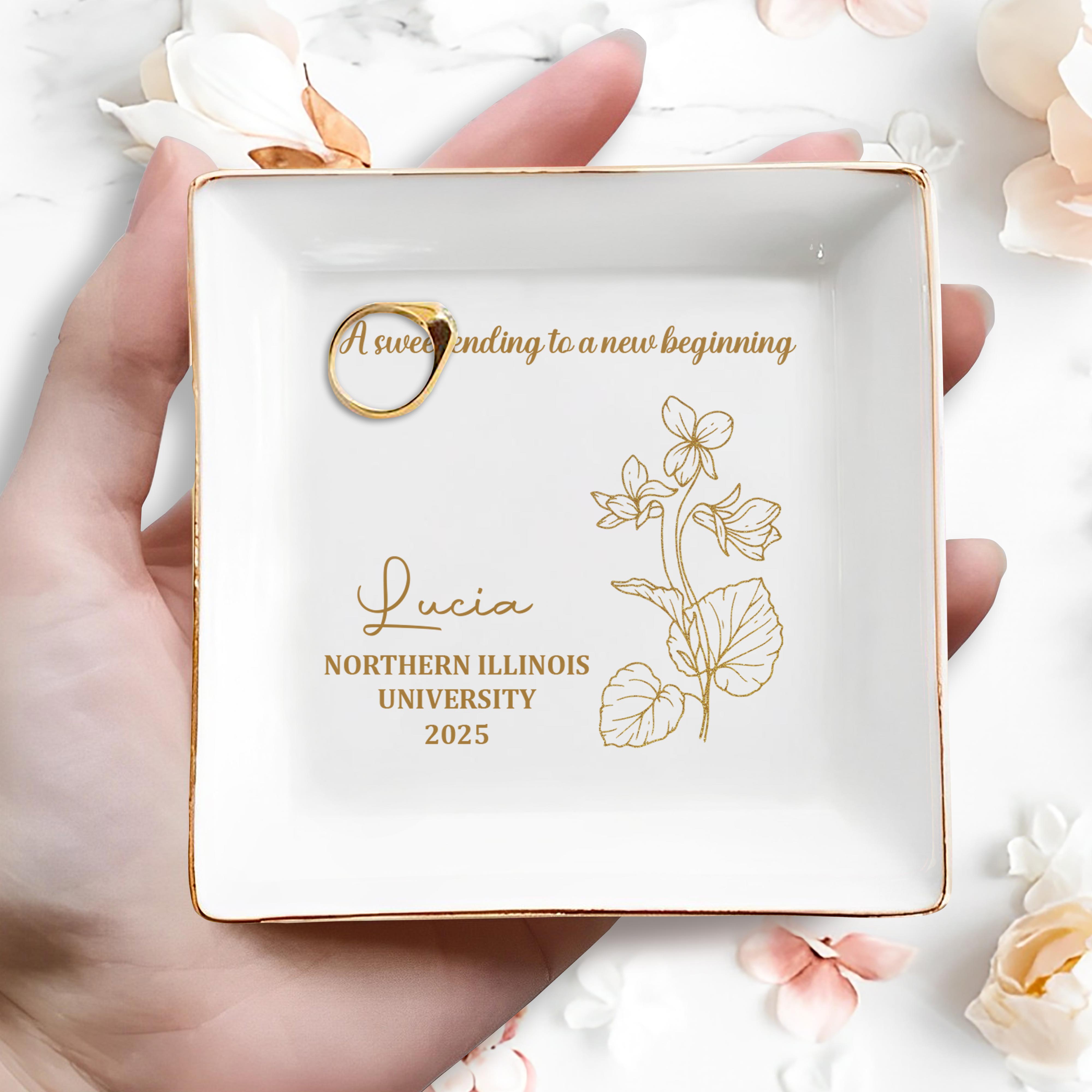 A Sweet Ending To A New Beginning, Flowers - Personalized Custom Jewelry Dish, Square Ceramic Dish - GRAD020_SCRD
