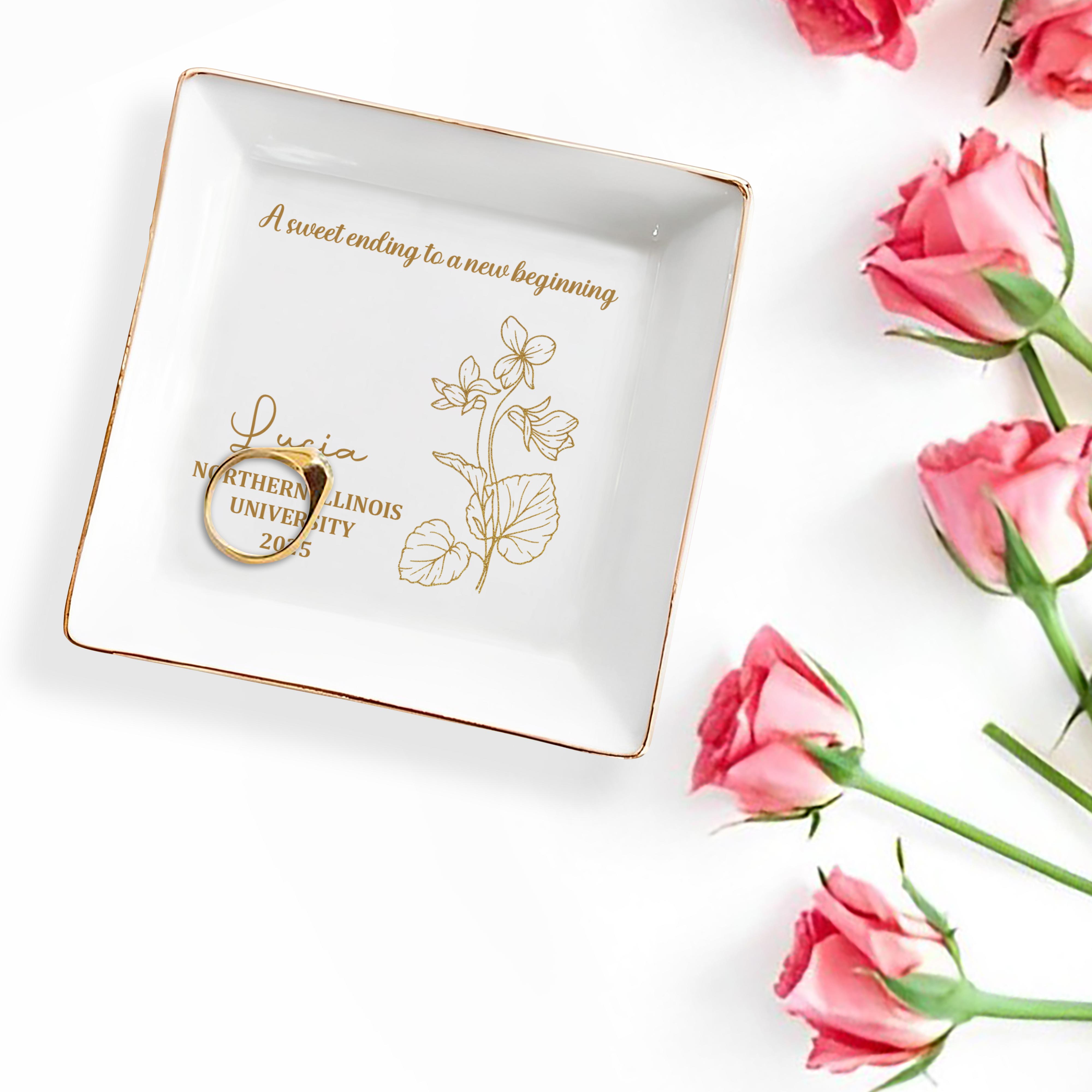 A Sweet Ending To A New Beginning, Flowers - Personalized Custom Jewelry Dish, Square Ceramic Dish - GRAD020_SCRD