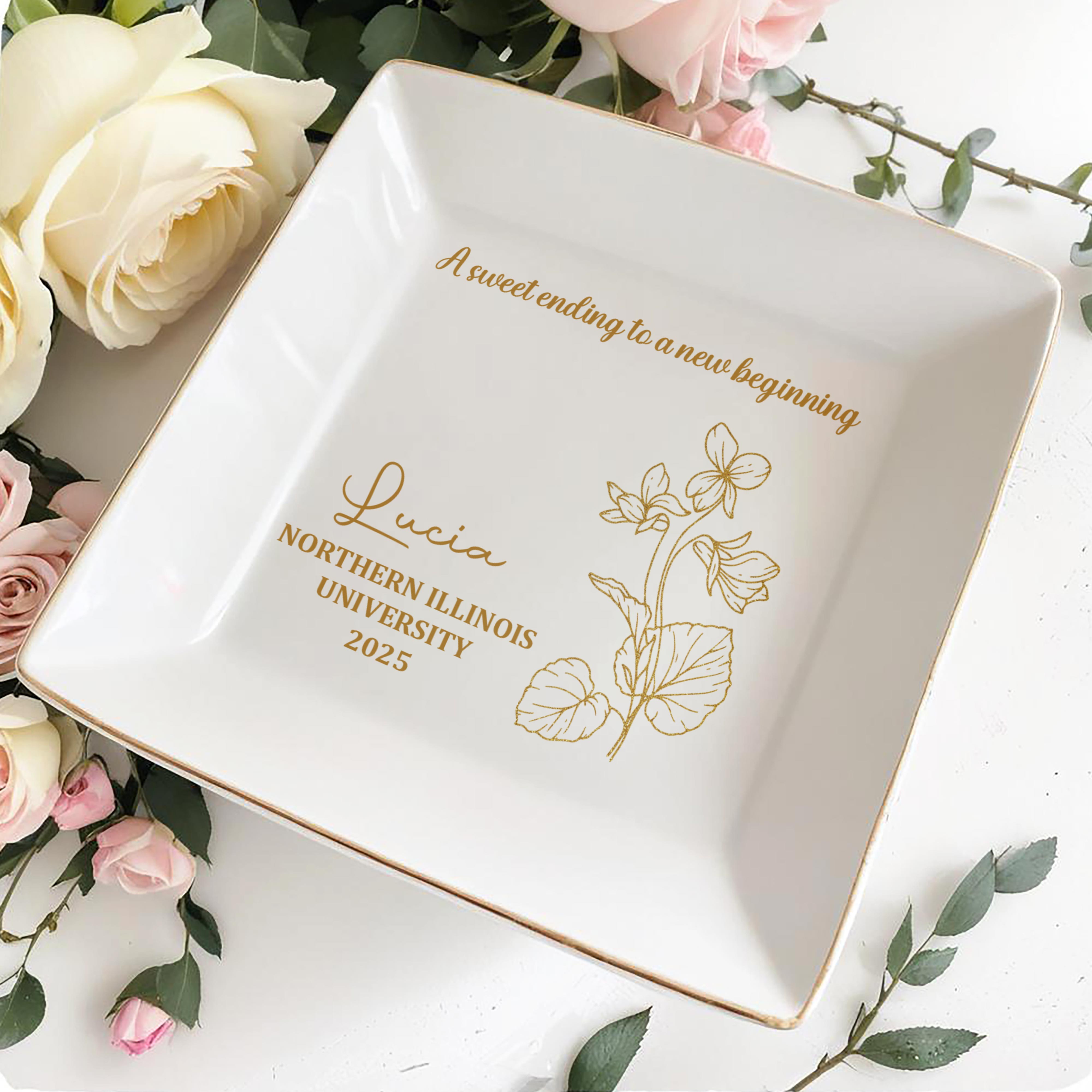 A Sweet Ending To A New Beginning, Flowers - Personalized Custom Jewelry Dish, Square Ceramic Dish - GRAD020_SCRD