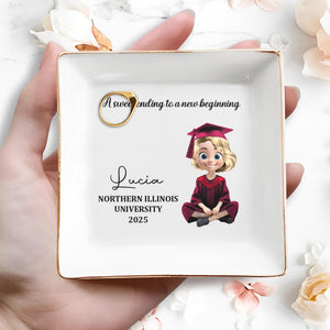 A Sweet Ending To A New Beginning, Graduation Cap and Cartoon Graduate - Personalized Custom Jewelry Dish, Square Ceramic Dish - GRAD021_SCRD