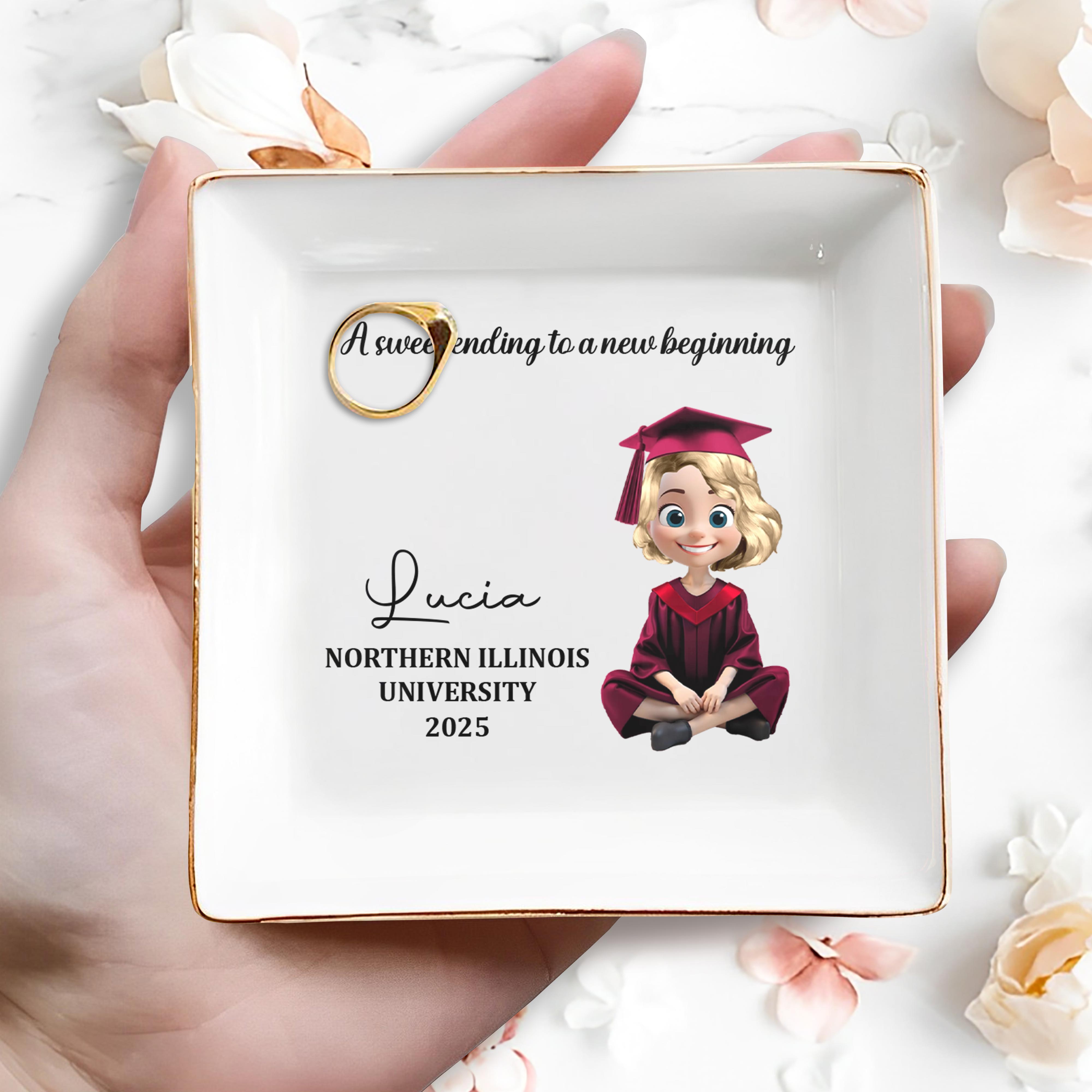 A Sweet Ending To A New Beginning, Graduation Cap and Cartoon Graduate - Personalized Custom Jewelry Dish, Square Ceramic Dish - GRAD021_SCRD