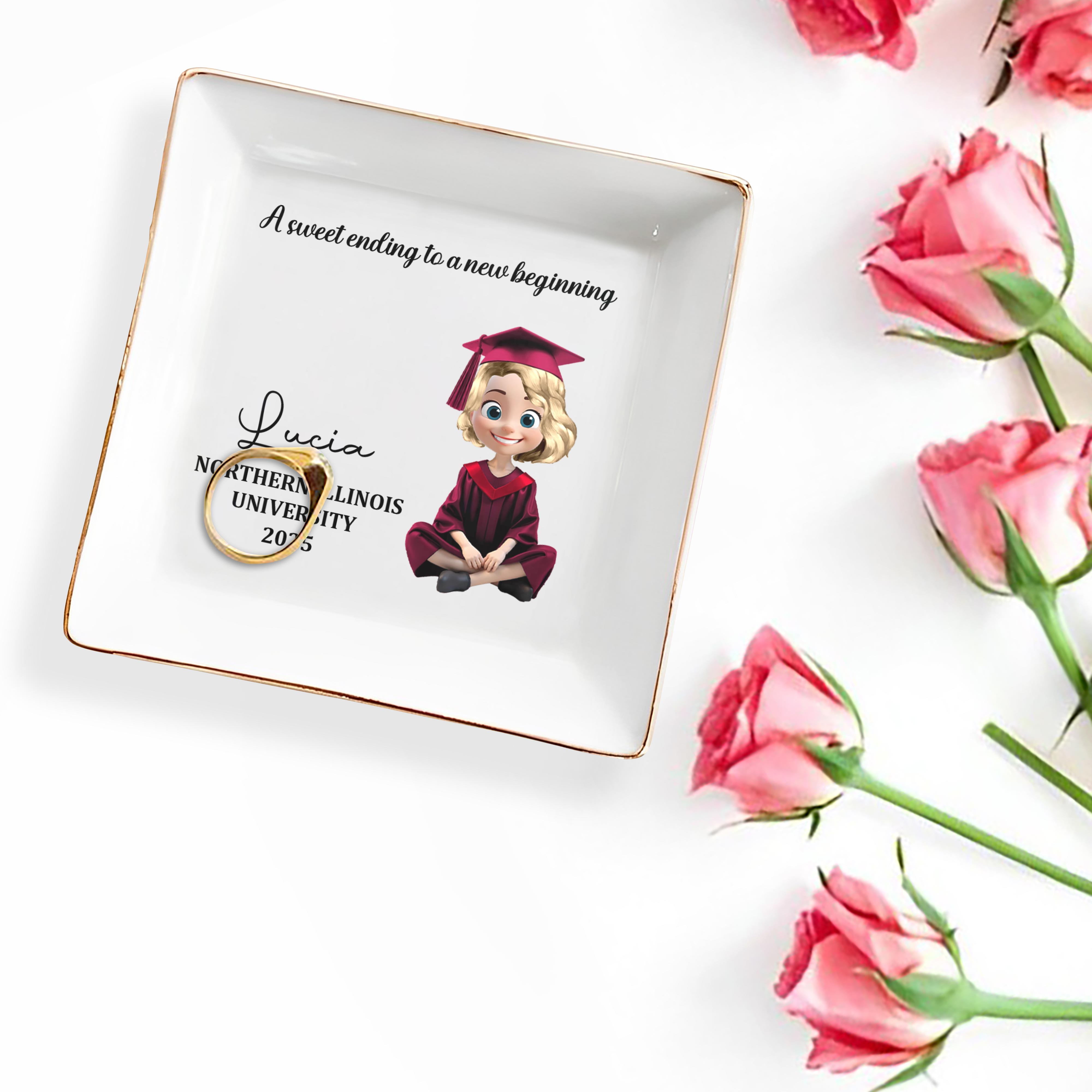 A Sweet Ending To A New Beginning, Graduation Cap and Cartoon Graduate - Personalized Custom Jewelry Dish, Square Ceramic Dish - GRAD021_SCRD