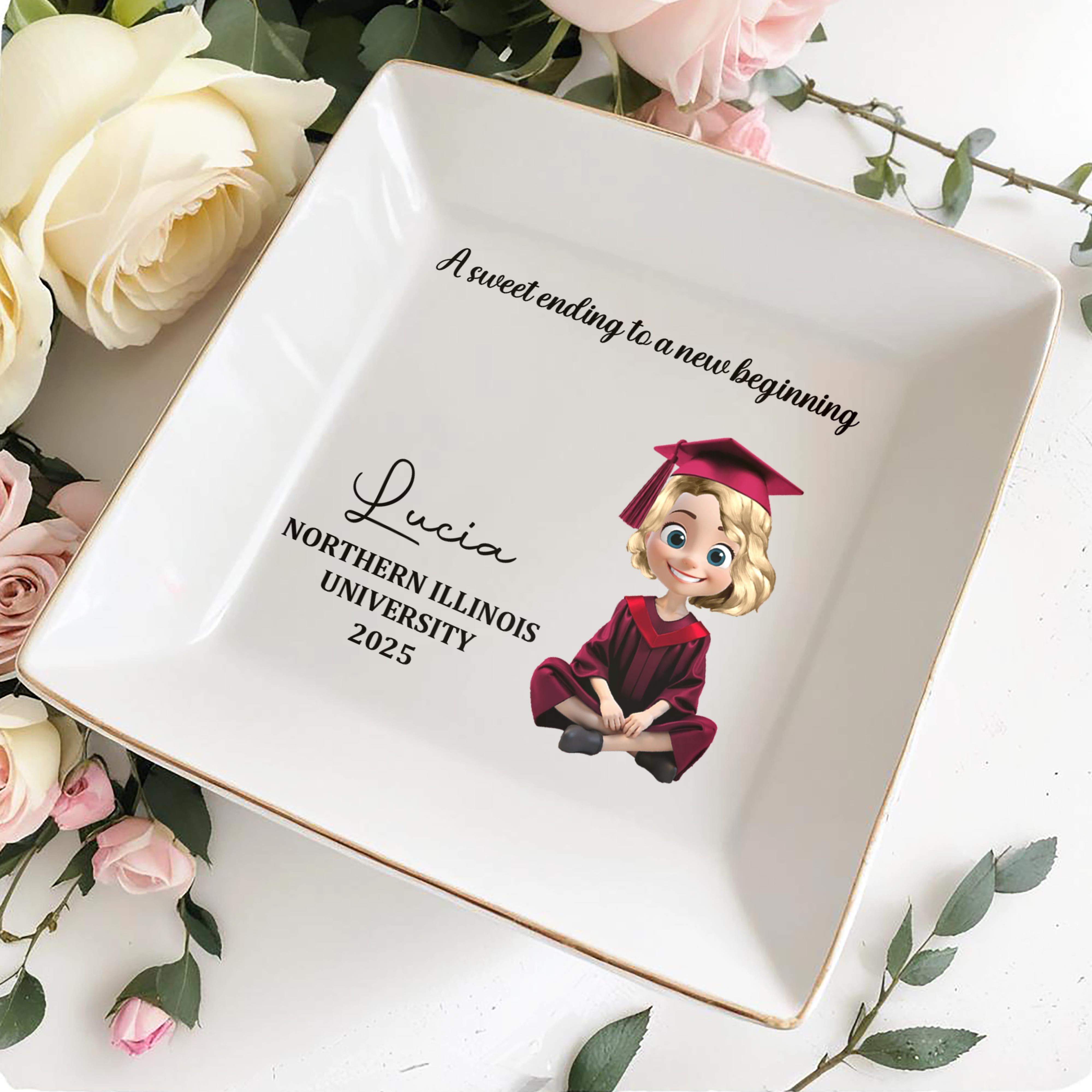 A Sweet Ending To A New Beginning, Graduation Cap and Cartoon Graduate - Personalized Custom Jewelry Dish, Square Ceramic Dish - GRAD021_SCRD