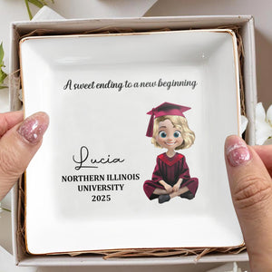A Sweet Ending To A New Beginning, Graduation Cap and Cartoon Graduate - Personalized Custom Jewelry Dish, Square Ceramic Dish - GRAD021_SCRD