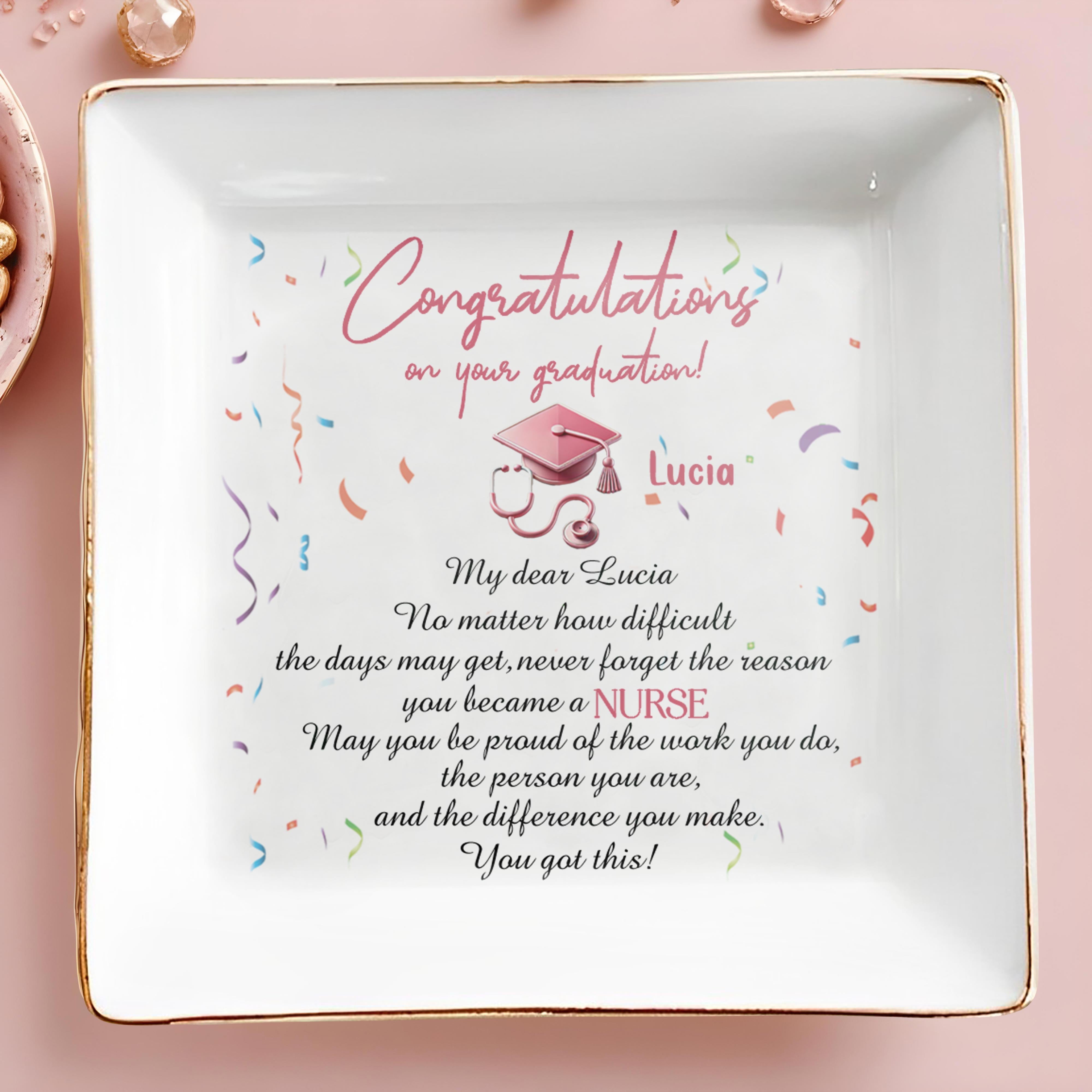 Congratulations On Your Graduation! Graduation Cap And Confetti - Personalized Custom Jewelry Dish, Square Ceramic Dish - GRAD022_SCRD