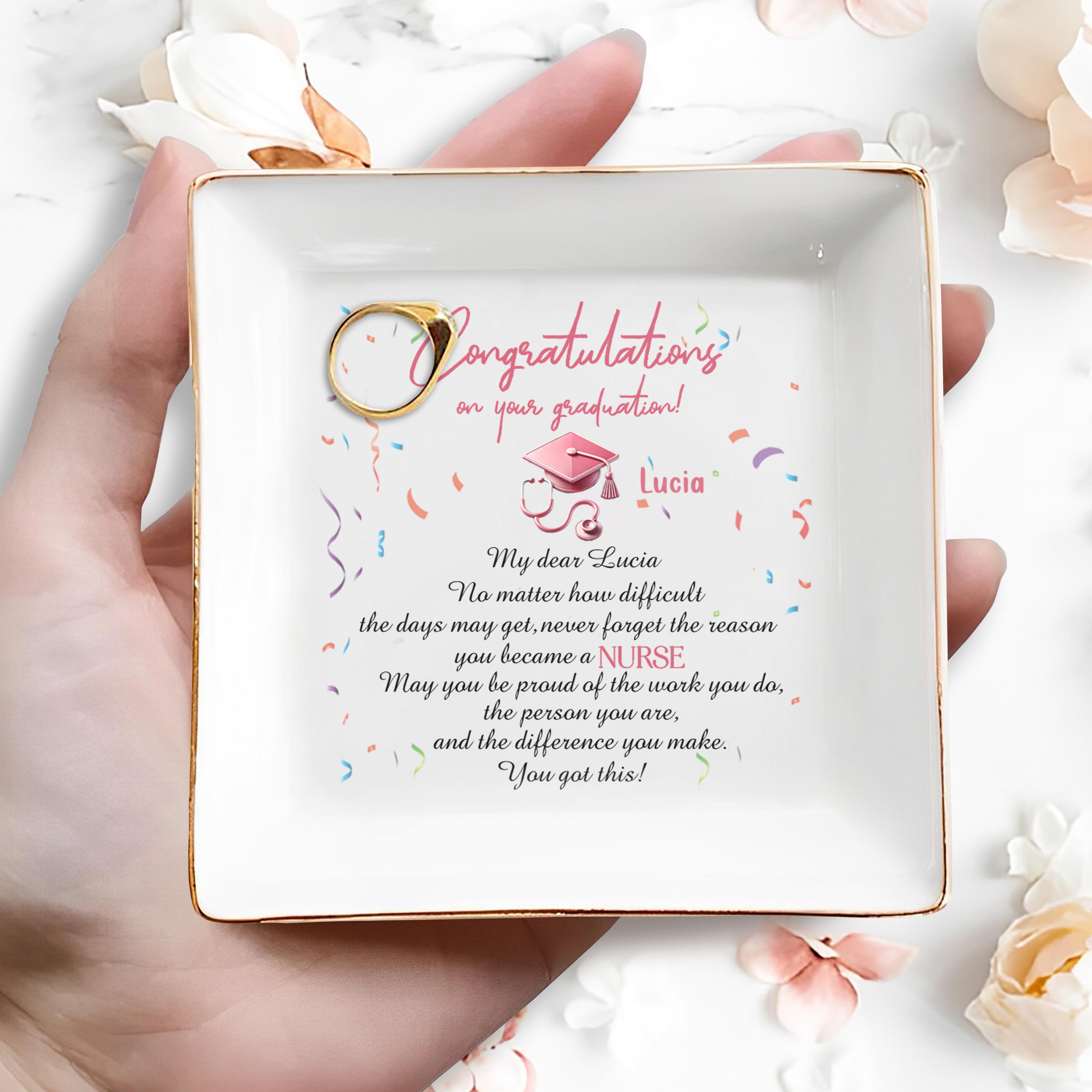 Congratulations On Your Graduation! Graduation Cap And Confetti - Personalized Custom Jewelry Dish, Square Ceramic Dish - GRAD022_SCRD