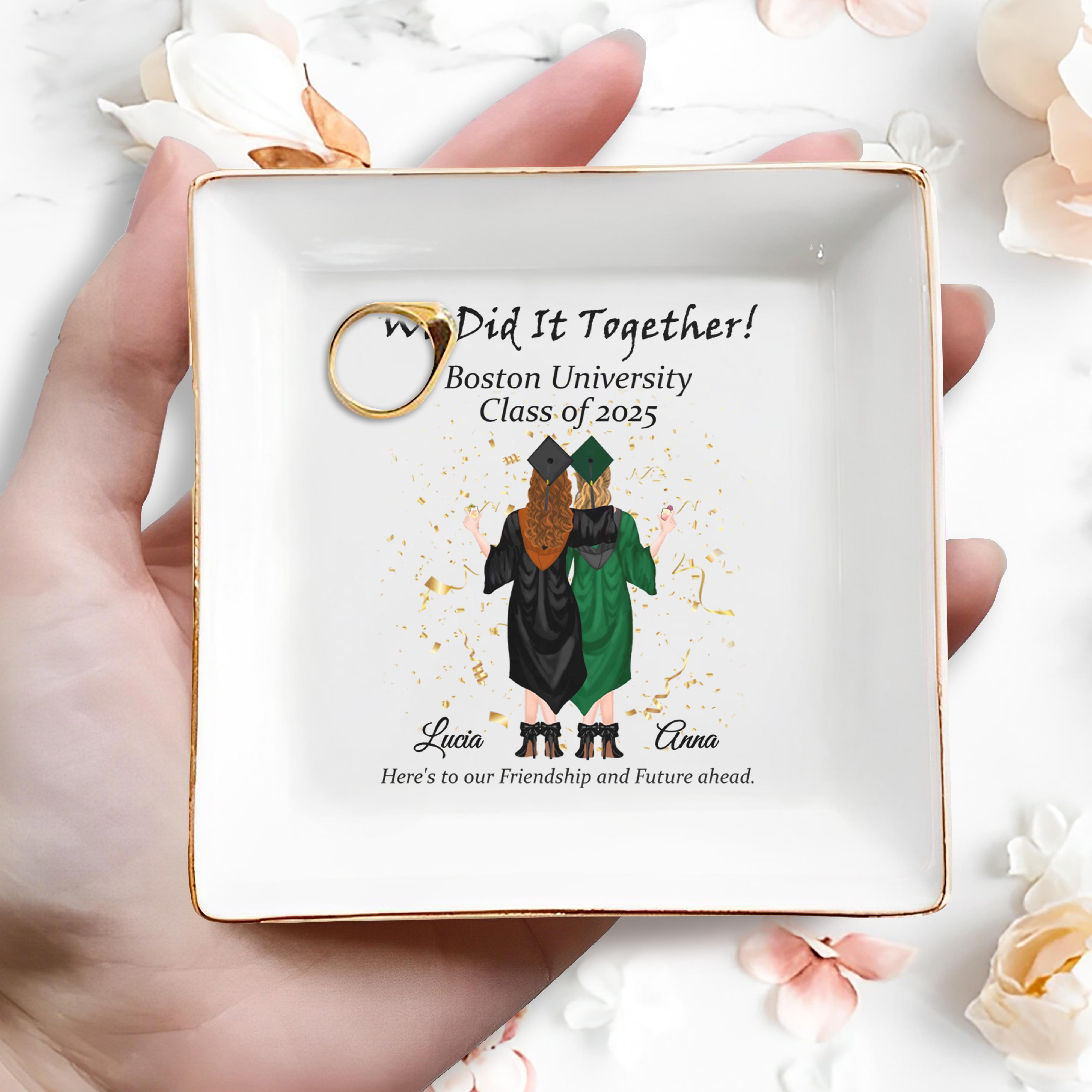 We Did It Together, Graduation Cap and Confetti - Personalized Custom Jewelry Dish, Square Ceramic Dish - GRAD023_SCRD
