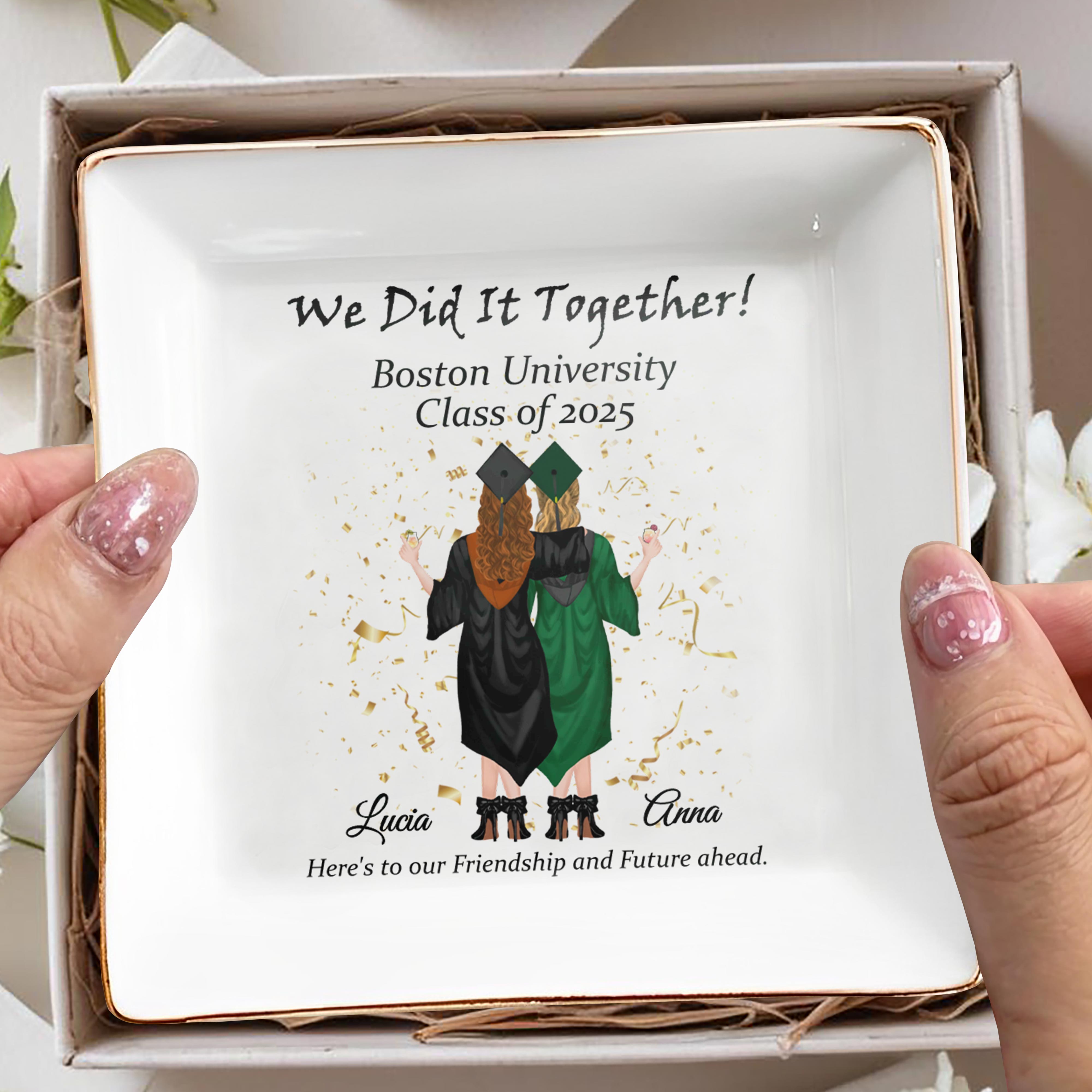 We Did It Together, Graduation Cap and Confetti - Personalized Custom Jewelry Dish, Square Ceramic Dish - GRAD023_SCRD