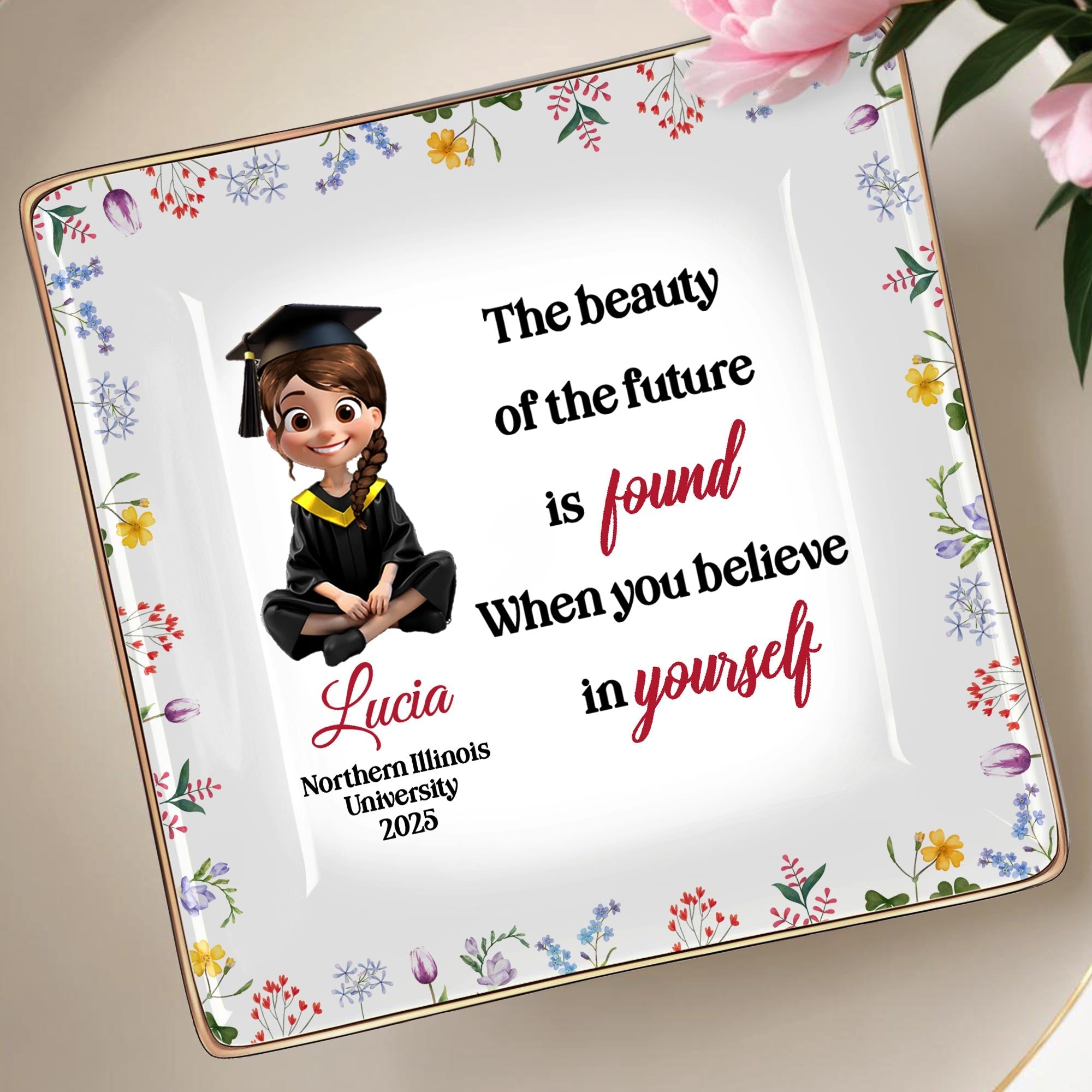 The Beauty Of The Future Is Found When You Believe In Yourself, Graduate Cartoon And Wildflowers - Personalized Custom Jewelry Dish, Ceramic Dish, Square Shape - GRAD025_SCRF