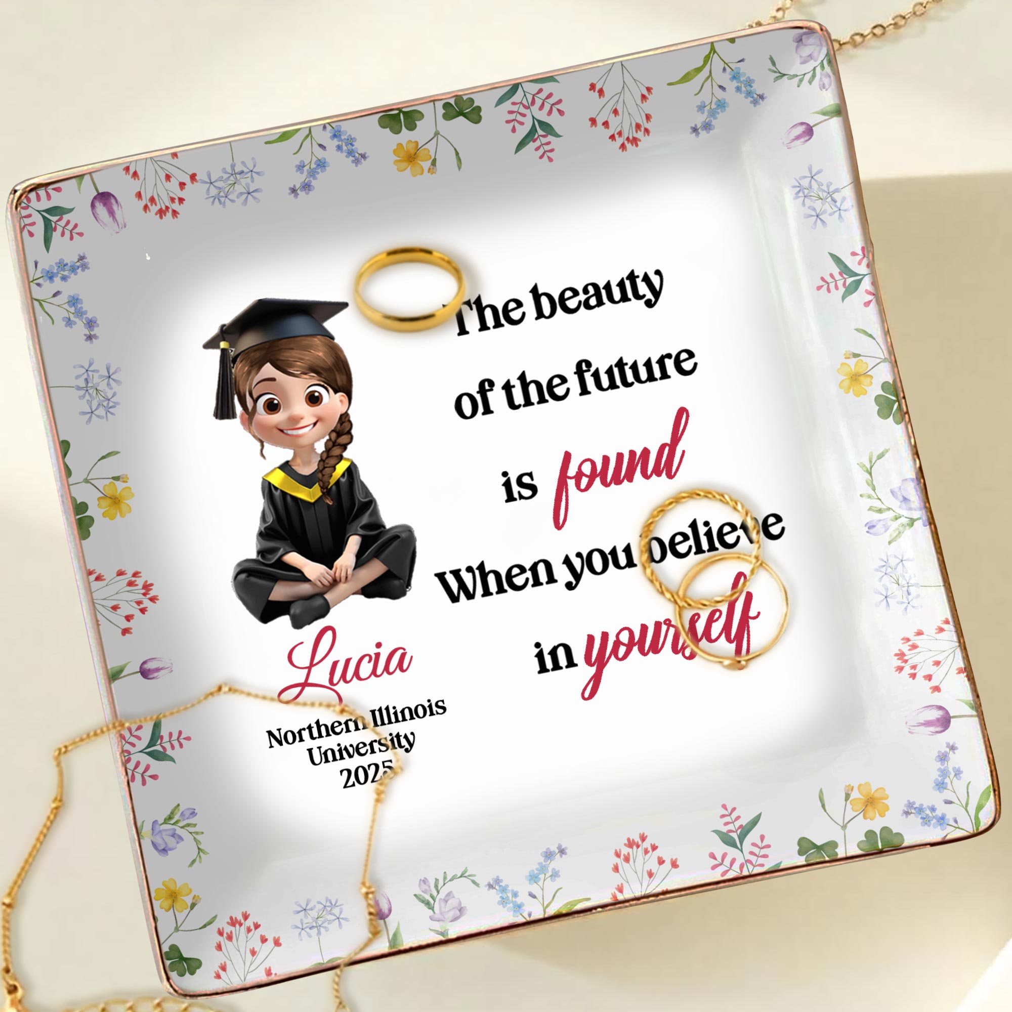 The Beauty Of The Future Is Found When You Believe In Yourself, Graduate Cartoon And Wildflowers - Personalized Custom Jewelry Dish, Ceramic Dish, Square Shape - GRAD025_SCRF