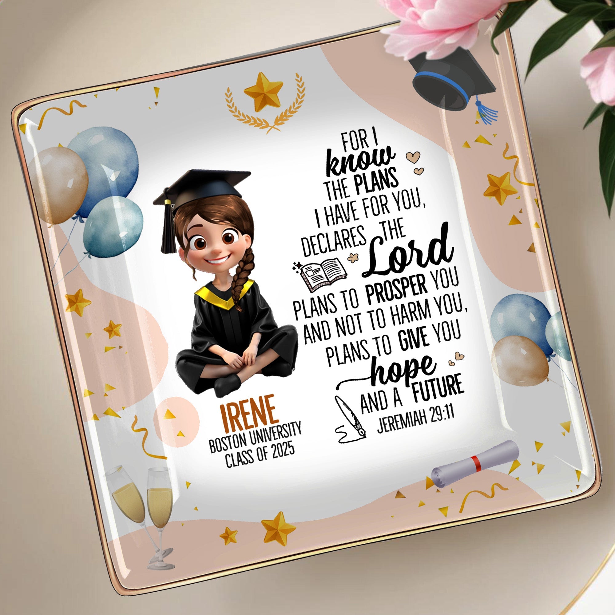 For I know the plans I have for you, declares the Lord, Graduation Cap and Balloons - Personalized Custom Jewelry Dish, Ceramic Dish, Square Shape - GRAD026_SCRF