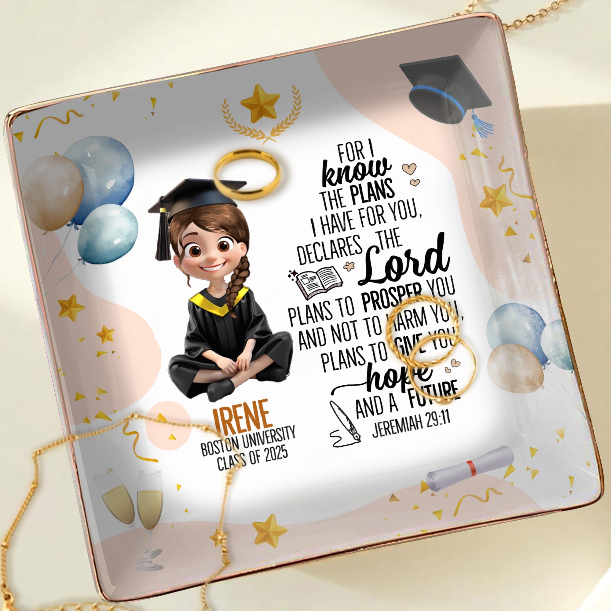 For I know the plans I have for you, declares the Lord, Graduation Cap and Balloons - Personalized Custom Jewelry Dish, Ceramic Dish, Square Shape - GRAD026_SCRF