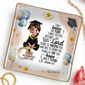 For I know the plans I have for you, declares the Lord, Graduation Cap and Balloons - Personalized Custom Jewelry Dish, Ceramic Dish, Square Shape - GRAD026_SCRF