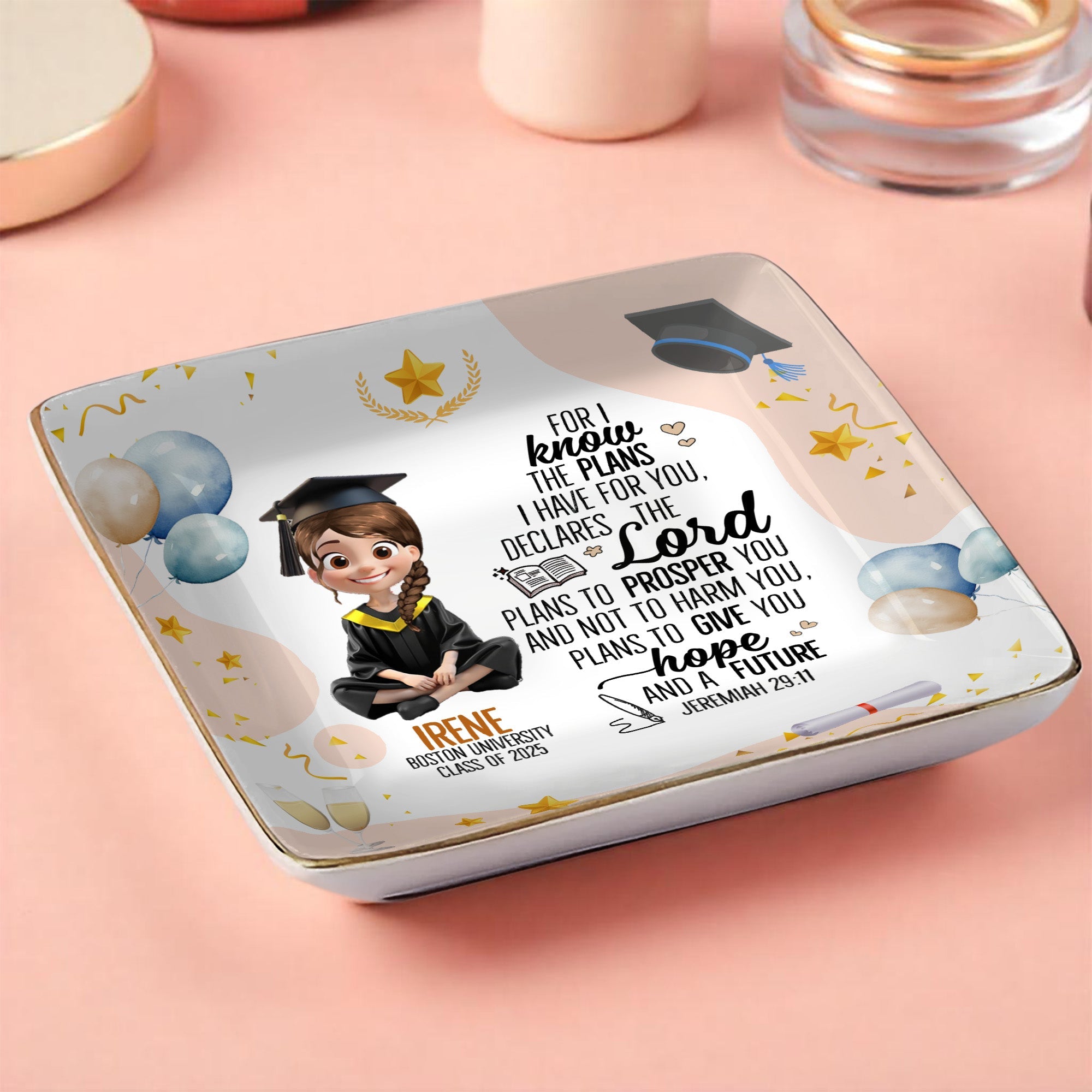 For I know the plans I have for you, declares the Lord, Graduation Cap and Balloons - Personalized Custom Jewelry Dish, Ceramic Dish, Square Shape - GRAD026_SCRF
