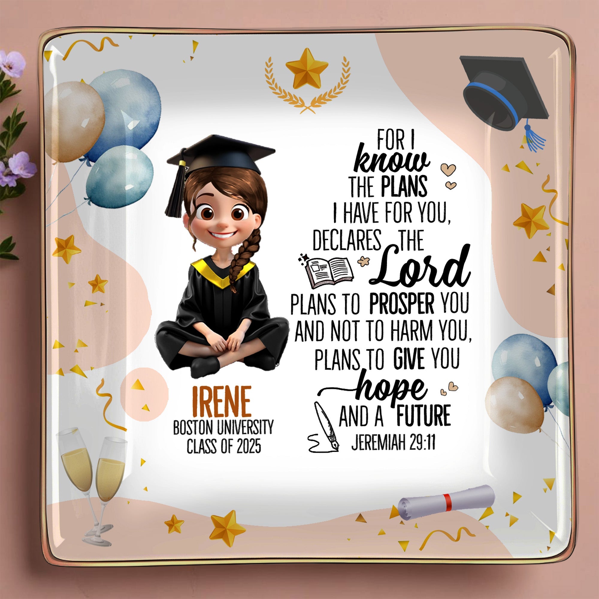 For I know the plans I have for you, declares the Lord, Graduation Cap and Balloons - Personalized Custom Jewelry Dish, Ceramic Dish, Square Shape - GRAD026_SCRF