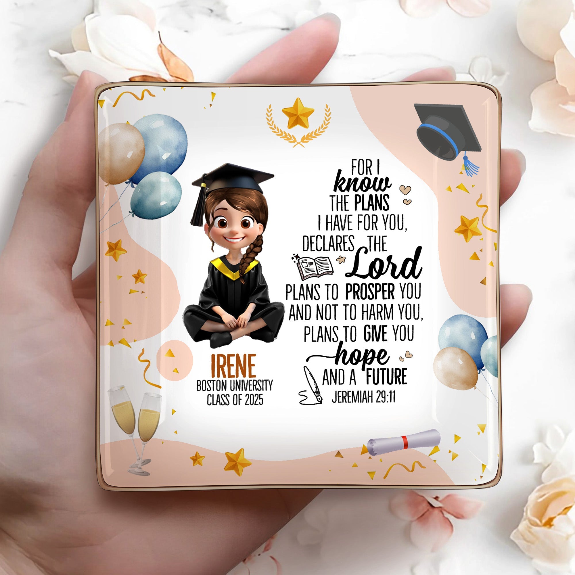 For I know the plans I have for you, declares the Lord, Graduation Cap and Balloons - Personalized Custom Jewelry Dish, Ceramic Dish, Square Shape - GRAD026_SCRF