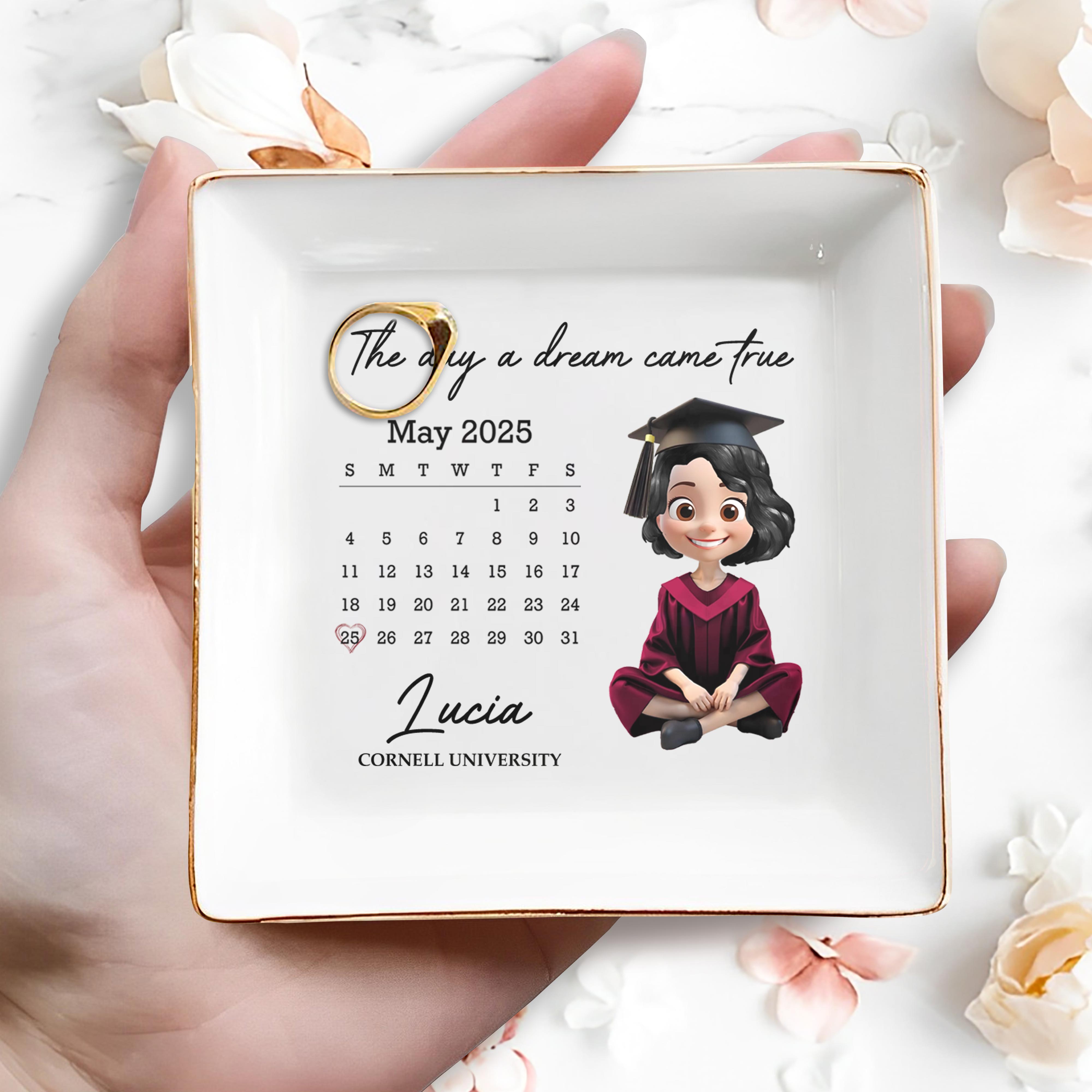 The Day A Dream Came True, Graduation Cap And Calendar - Personalized Custom Jewelry Dish, Square Ceramic Dish - GRAD027_SCRD