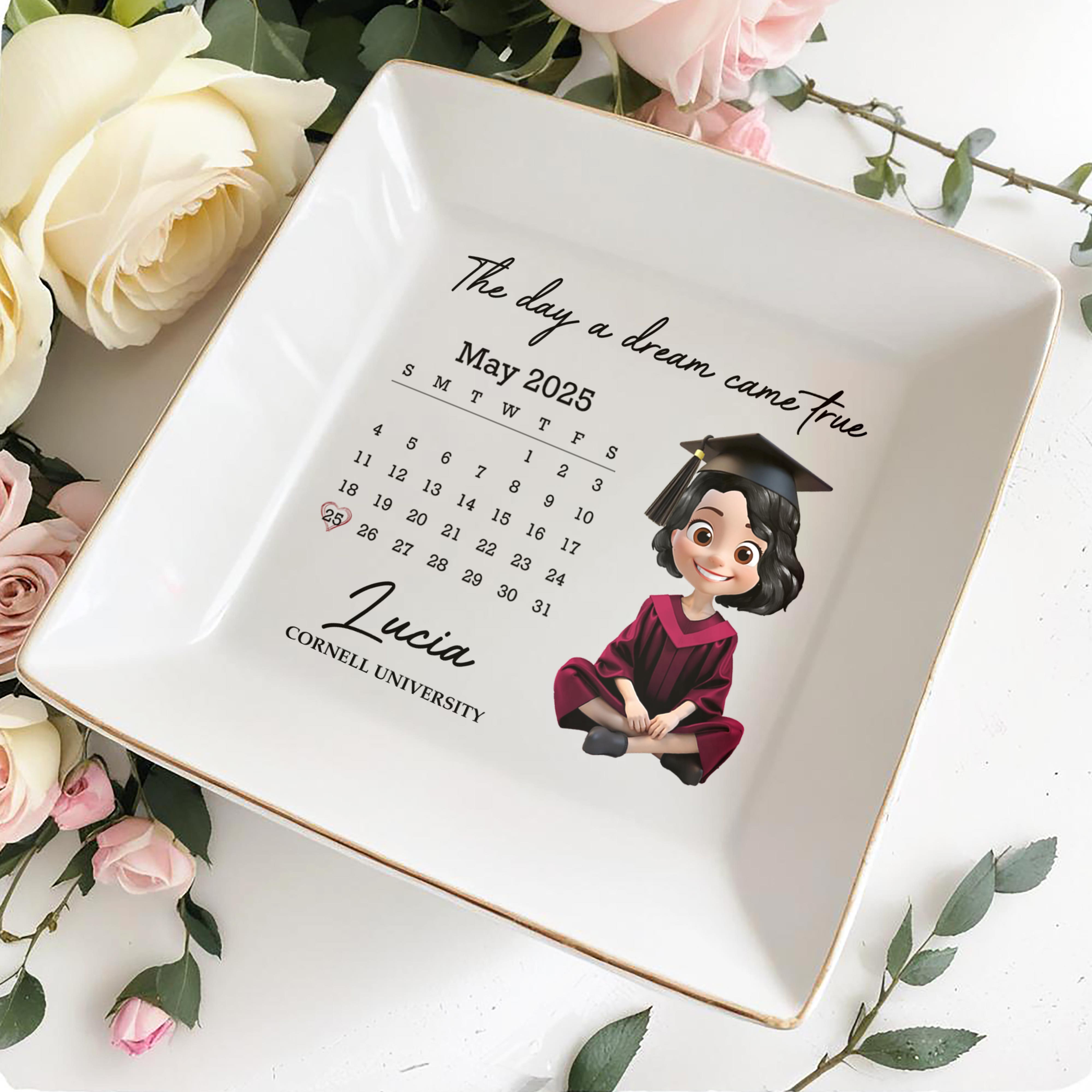 The Day A Dream Came True, Graduation Cap And Calendar - Personalized Custom Jewelry Dish, Square Ceramic Dish - GRAD027_SCRD