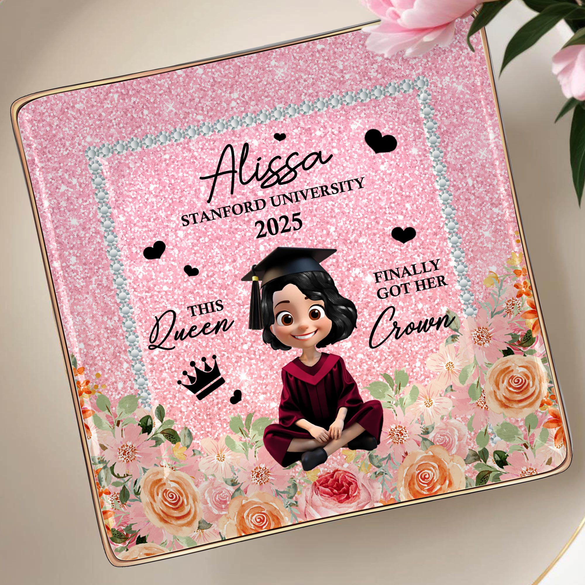 This Queen Finally Got Her Crown, Graduation Cap and Roses - Personalized Custom Jewelry Dish, Ceramic Dish, Square Shape - GRAD028_SCRF