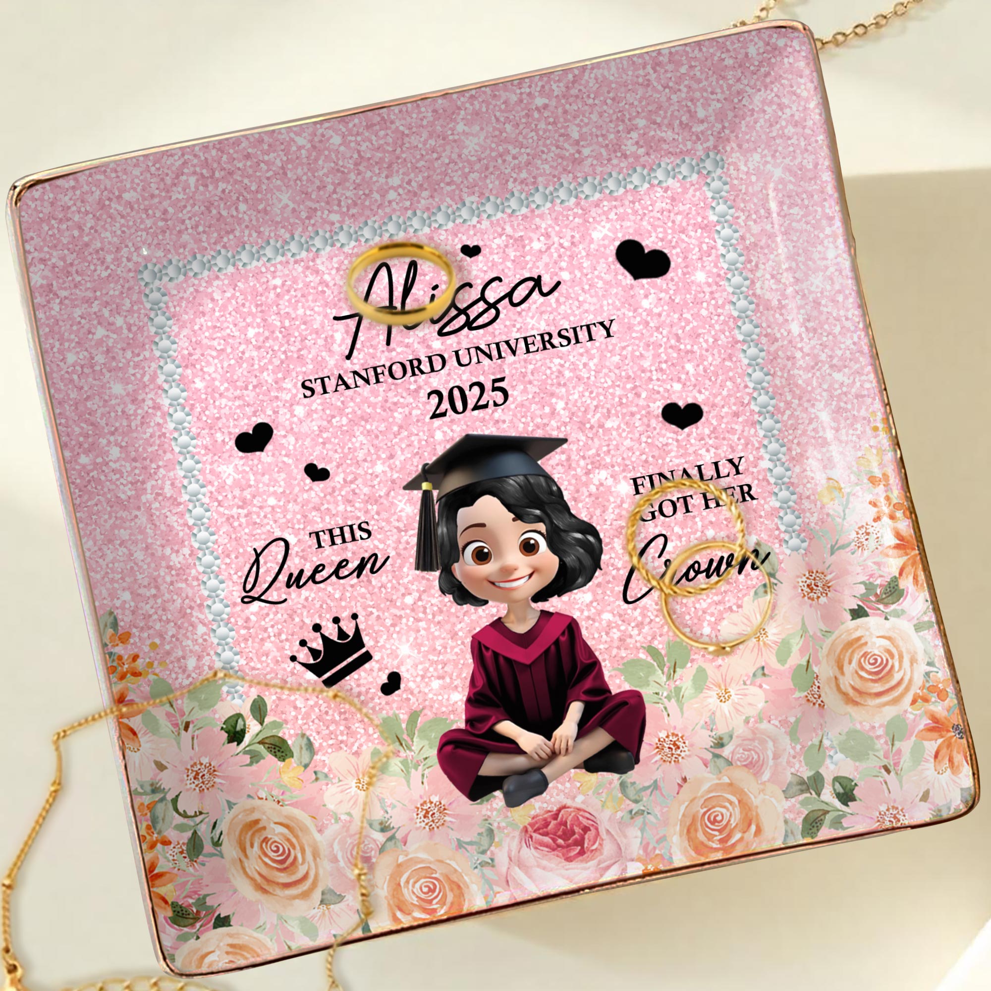This Queen Finally Got Her Crown, Graduation Cap and Roses - Personalized Custom Jewelry Dish, Ceramic Dish, Square Shape - GRAD028_SCRF