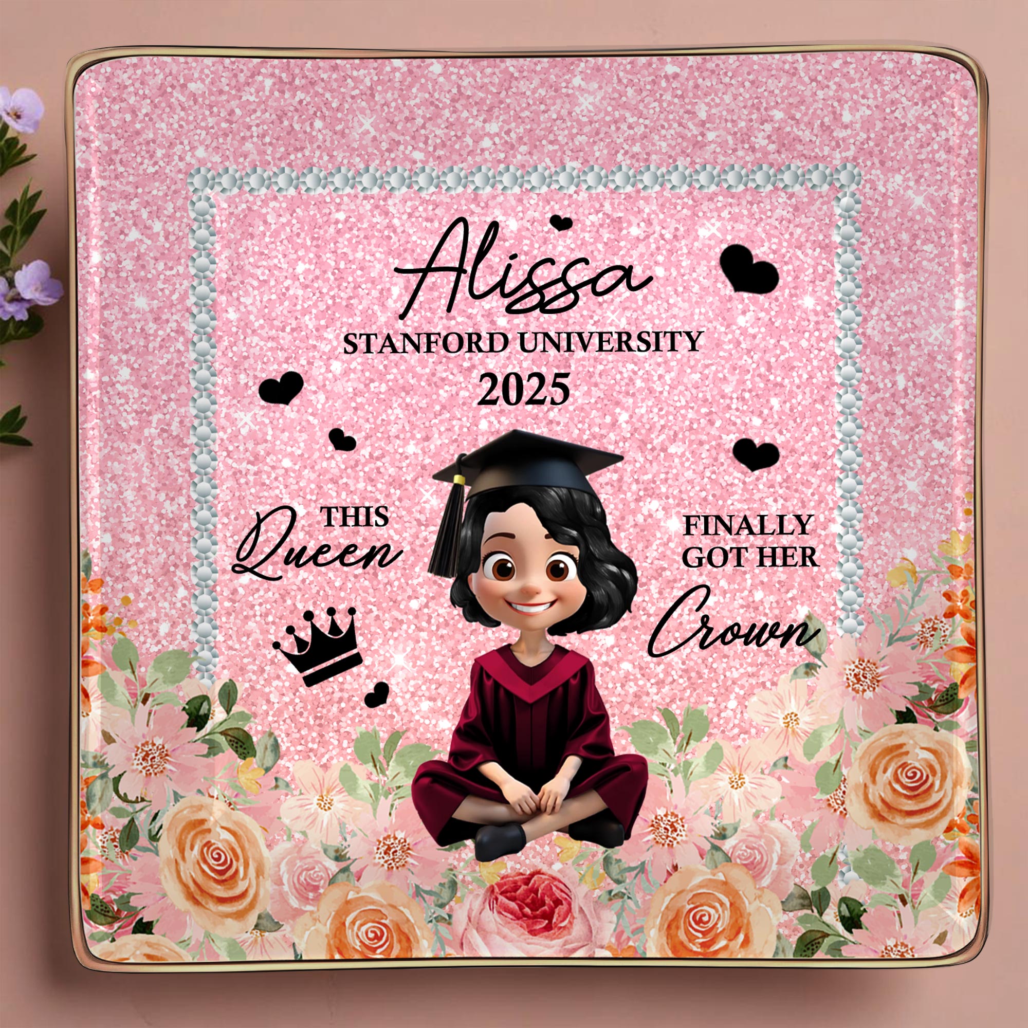 This Queen Finally Got Her Crown, Graduation Cap and Roses - Personalized Custom Jewelry Dish, Ceramic Dish, Square Shape - GRAD028_SCRF