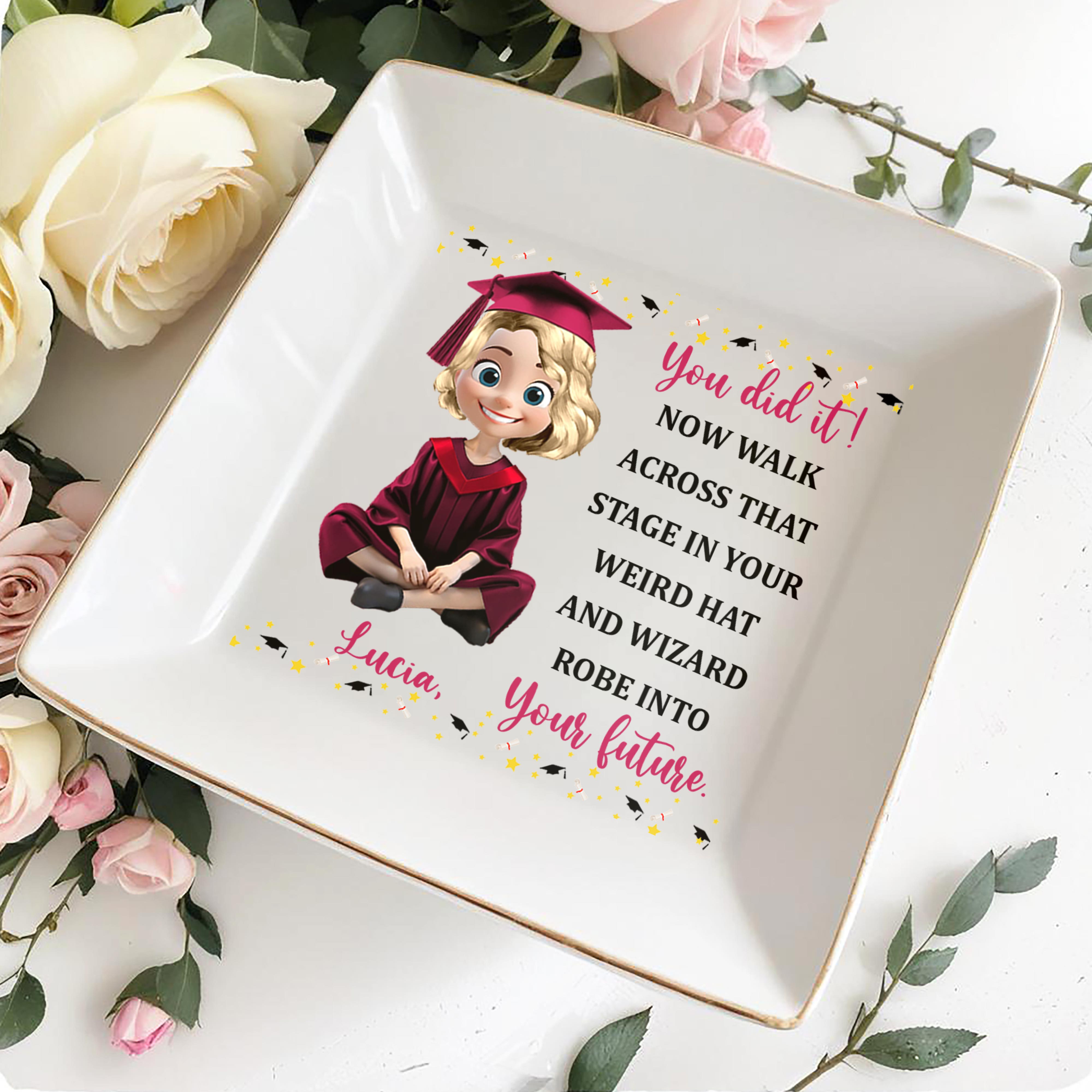 You Did It, Walk Across That Stage, Graduation Cap And Cartoon Graduate - Personalized Custom Jewelry Dish, Square Ceramic Dish - GRAD030_SCRD