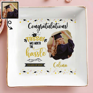 Congratulations! The Tassel Was Worth The Hassle, Graduation Cap and Stars - Personalized Custom Jewelry Dish, Square Ceramic Dish - GRAD031_SCRD