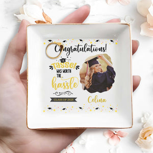 Congratulations! The Tassel Was Worth The Hassle, Graduation Cap and Stars - Personalized Custom Jewelry Dish, Square Ceramic Dish - GRAD031_SCRD