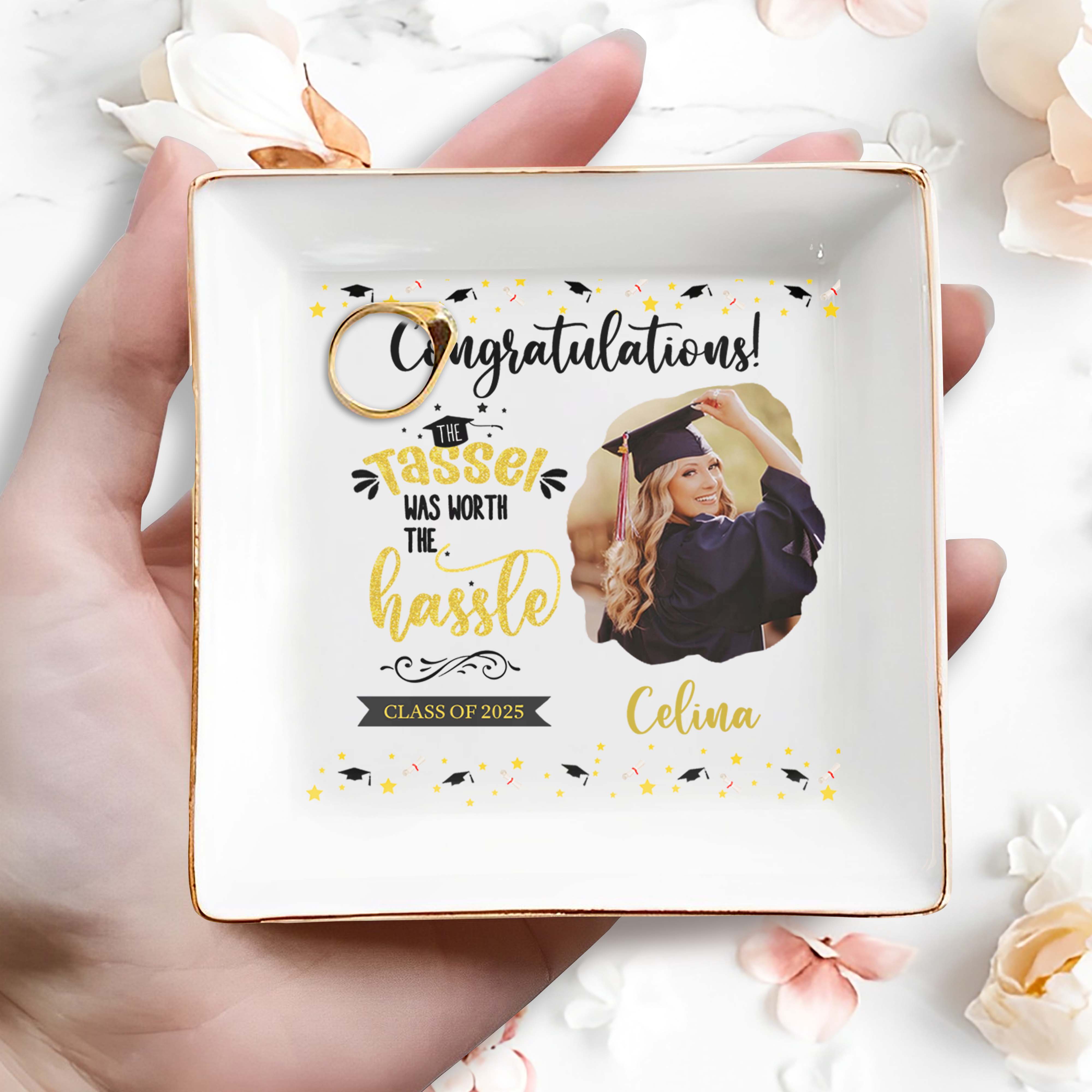 Congratulations! The Tassel Was Worth The Hassle, Graduation Cap and Stars - Personalized Custom Jewelry Dish, Square Ceramic Dish - GRAD031_SCRD