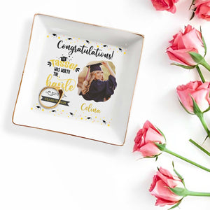 Congratulations! The Tassel Was Worth The Hassle, Graduation Cap and Stars - Personalized Custom Jewelry Dish, Square Ceramic Dish - GRAD031_SCRD