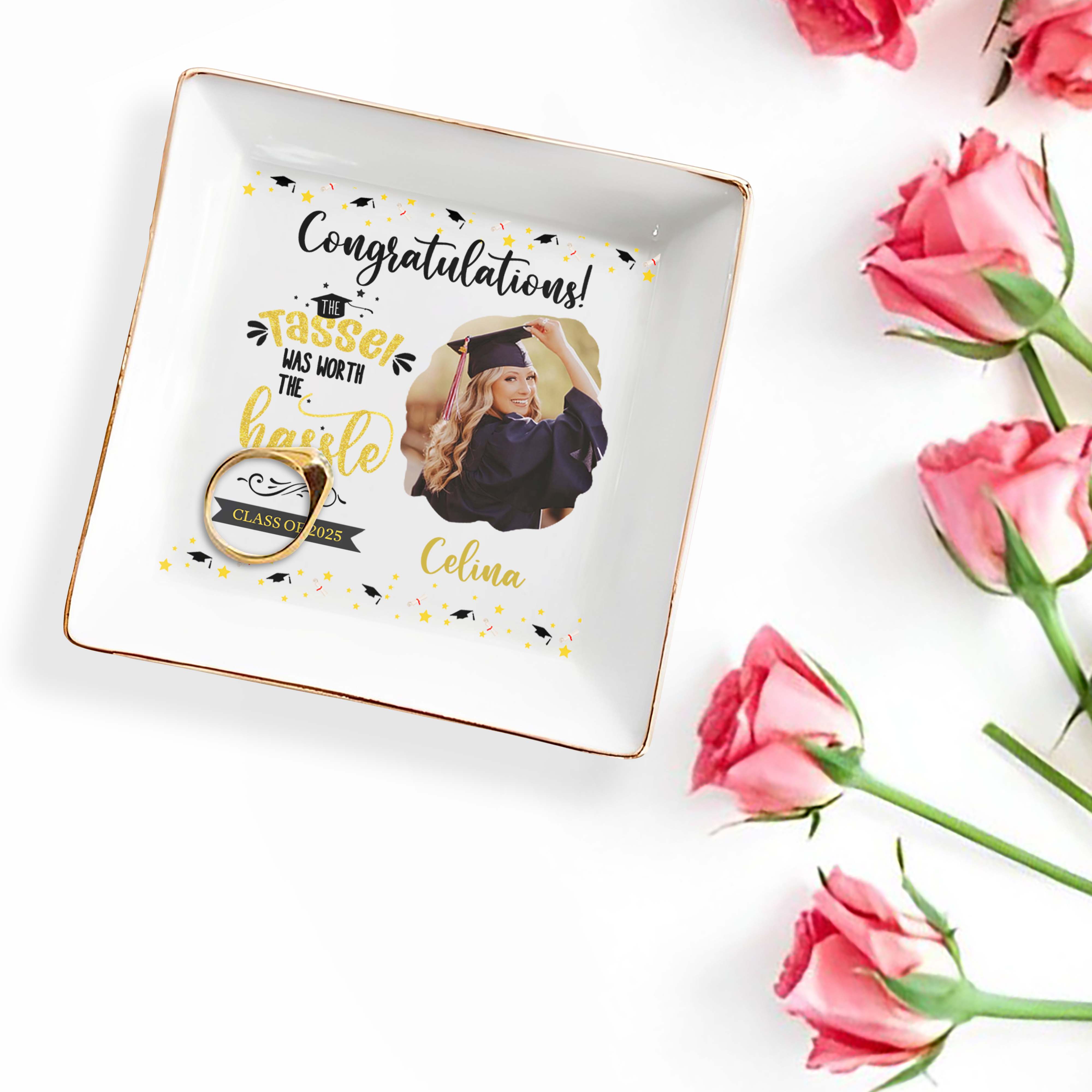Congratulations! The Tassel Was Worth The Hassle, Graduation Cap and Stars - Personalized Custom Jewelry Dish, Square Ceramic Dish - GRAD031_SCRD