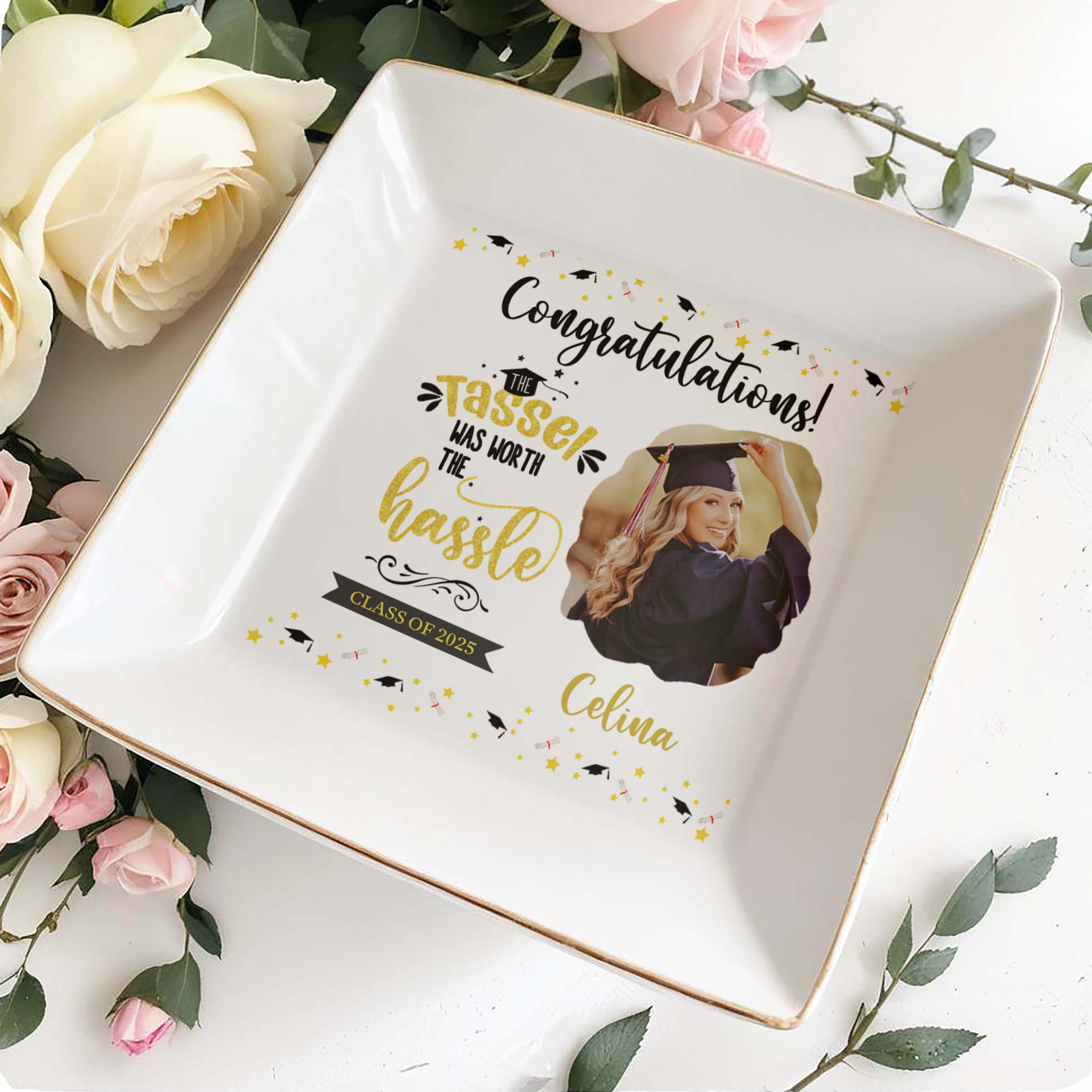 Congratulations! The Tassel Was Worth The Hassle, Graduation Cap and Stars - Personalized Custom Jewelry Dish, Square Ceramic Dish - GRAD031_SCRD