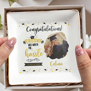 Congratulations! The Tassel Was Worth The Hassle, Graduation Cap and Stars - Personalized Custom Jewelry Dish, Square Ceramic Dish - GRAD031_SCRD