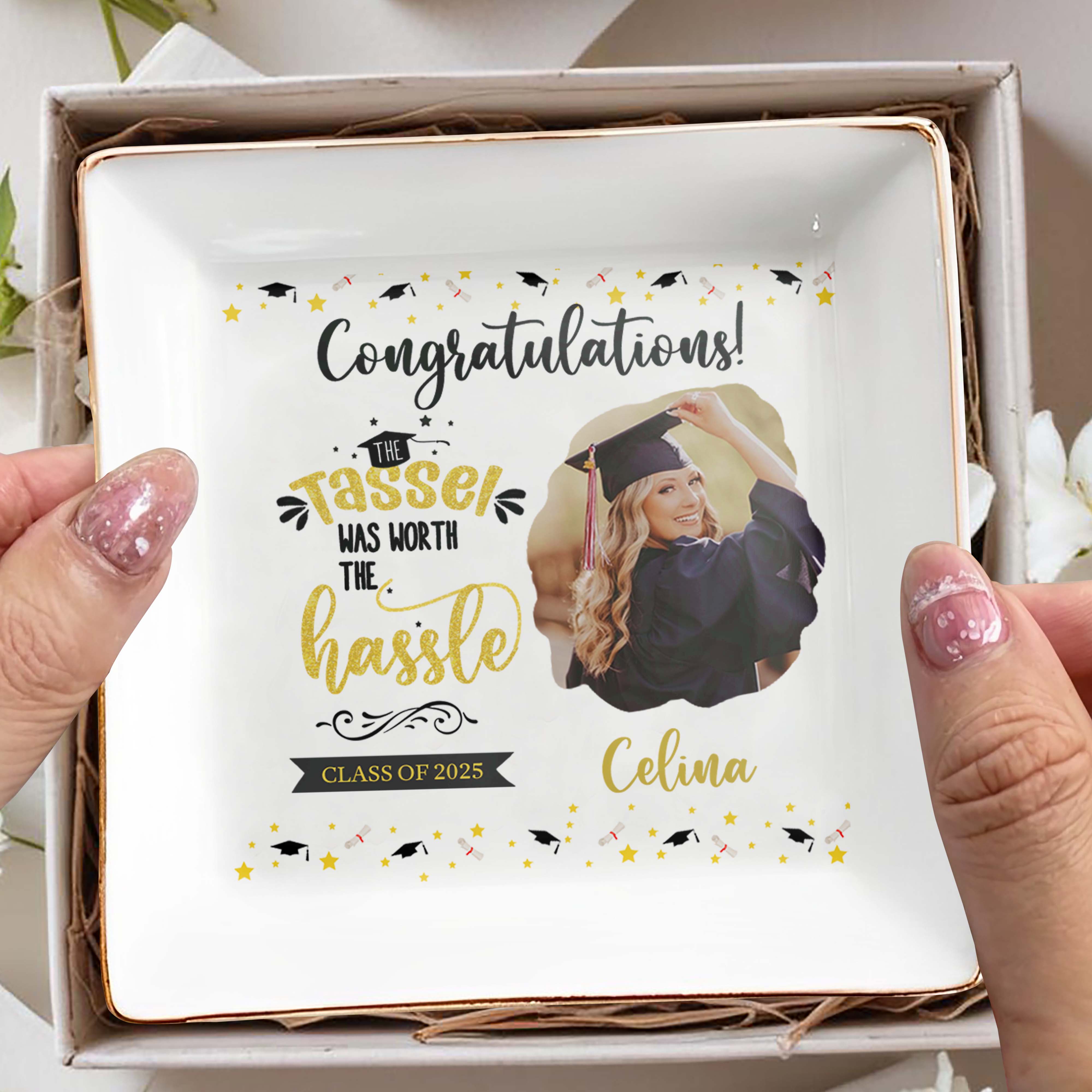 Congratulations! The Tassel Was Worth The Hassle, Graduation Cap and Stars - Personalized Custom Jewelry Dish, Square Ceramic Dish - GRAD031_SCRD