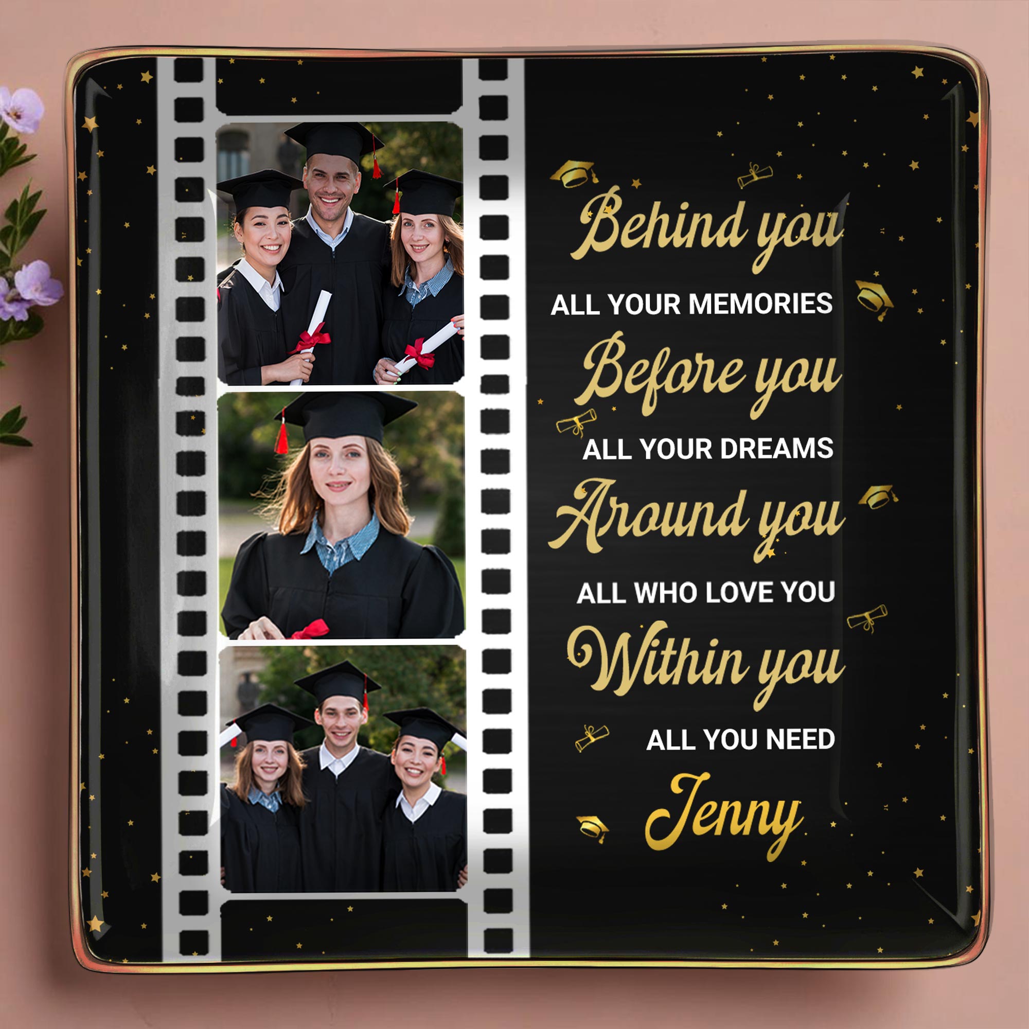 Behind You All Your Memories, Film Strip and Graduation Caps - Personalized Custom Jewelry Dish, Ceramic Dish, Square Shape - GRAD032_SCRF
