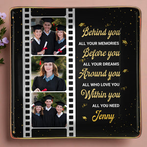 Behind You All Your Memories, Film Strip and Graduation Caps - Personalized Custom Jewelry Dish, Ceramic Dish, Square Shape - GRAD032_SCRF