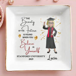 The Beauty of the Future Is Found When You Believe In Yourself, Graduate and Balloons - Personalized Custom Jewelry Dish, Square Ceramic Dish - GRAD038_SCRD