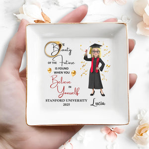 The Beauty of the Future Is Found When You Believe In Yourself, Graduate and Balloons - Personalized Custom Jewelry Dish, Square Ceramic Dish - GRAD038_SCRD