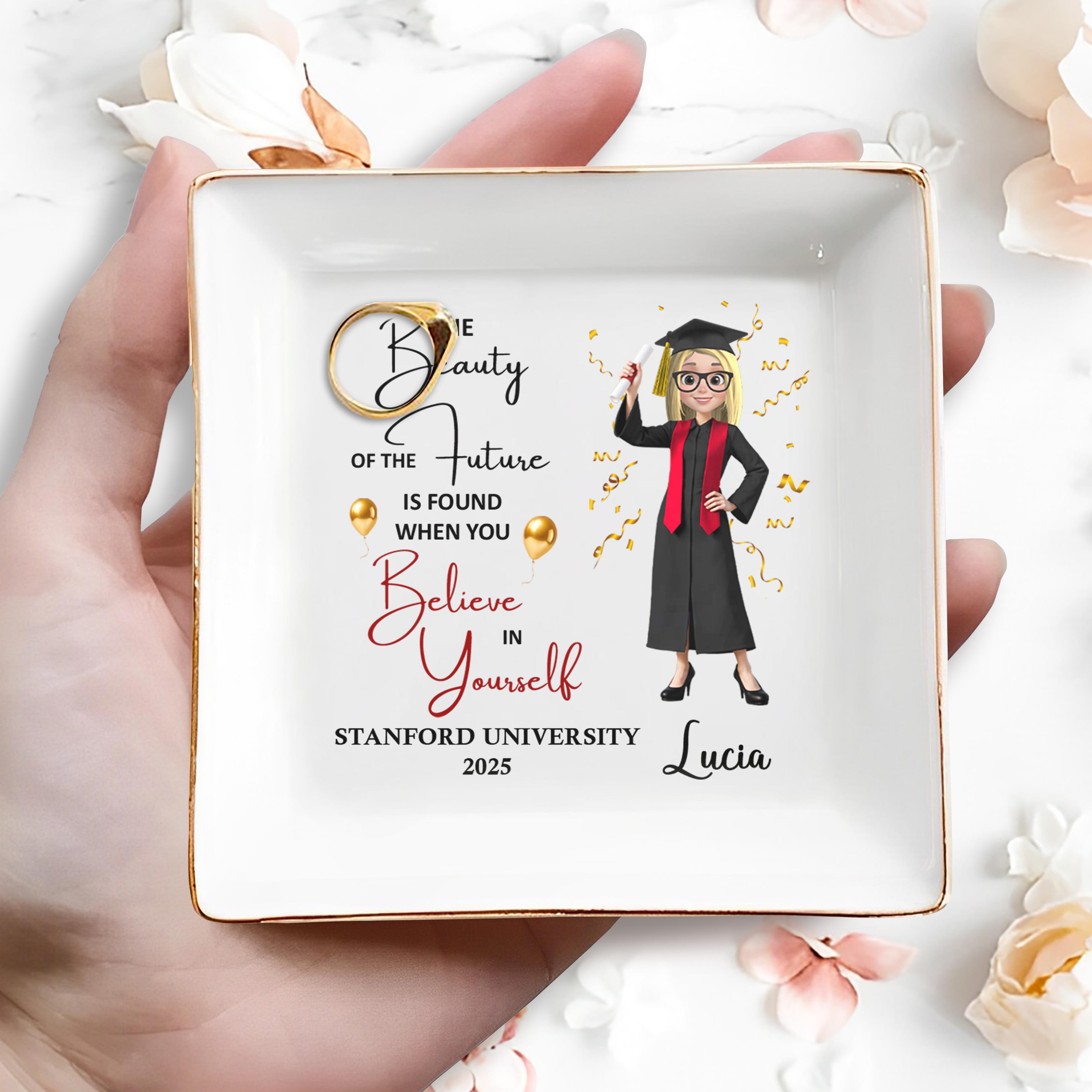 The Beauty of the Future Is Found When You Believe In Yourself, Graduate and Balloons - Personalized Custom Jewelry Dish, Square Ceramic Dish - GRAD038_SCRD