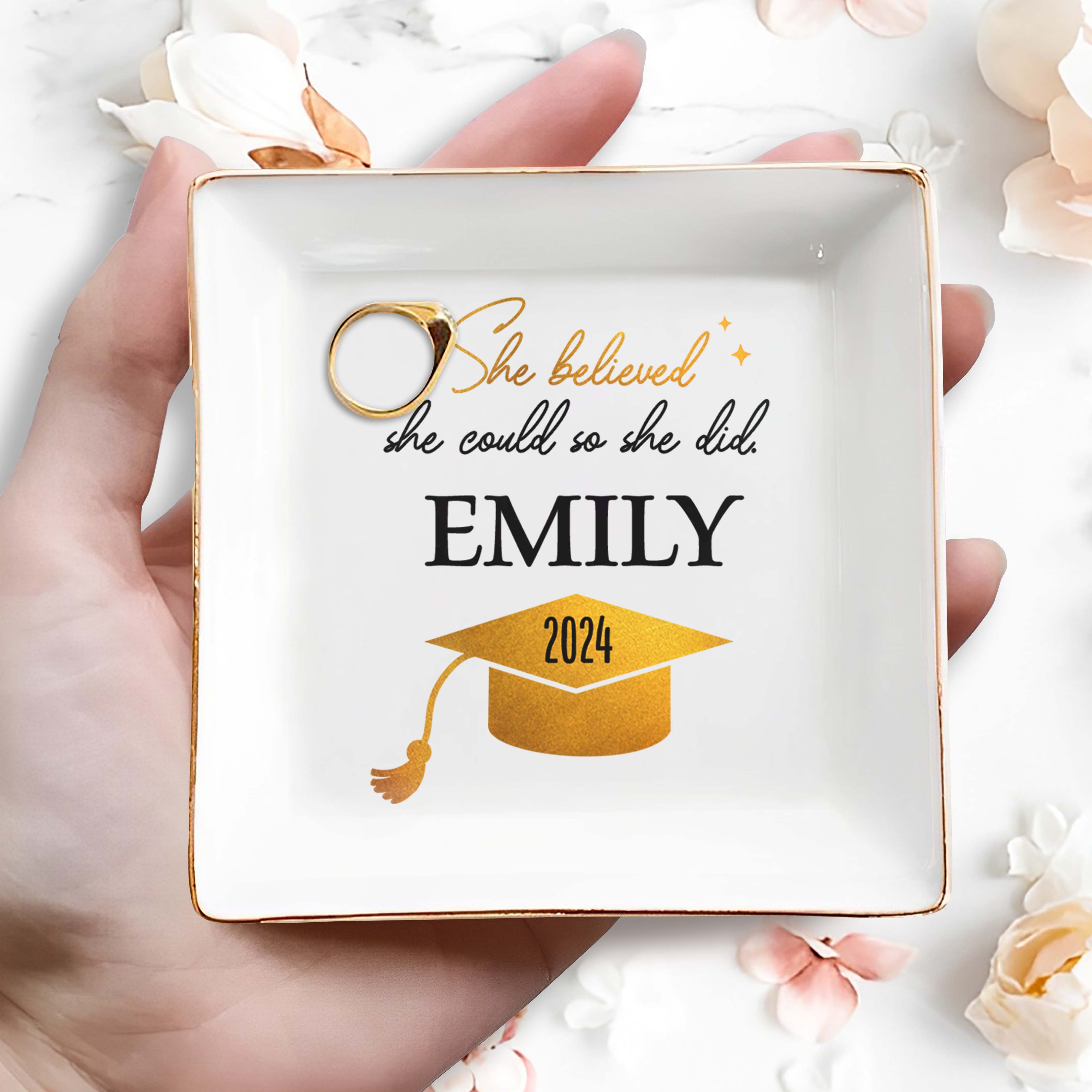 She Believed She Could So She Did, Graduation Cap - Personalized Custom Jewelry Dish, Square Ceramic Dish - GRAD040_SCRD
